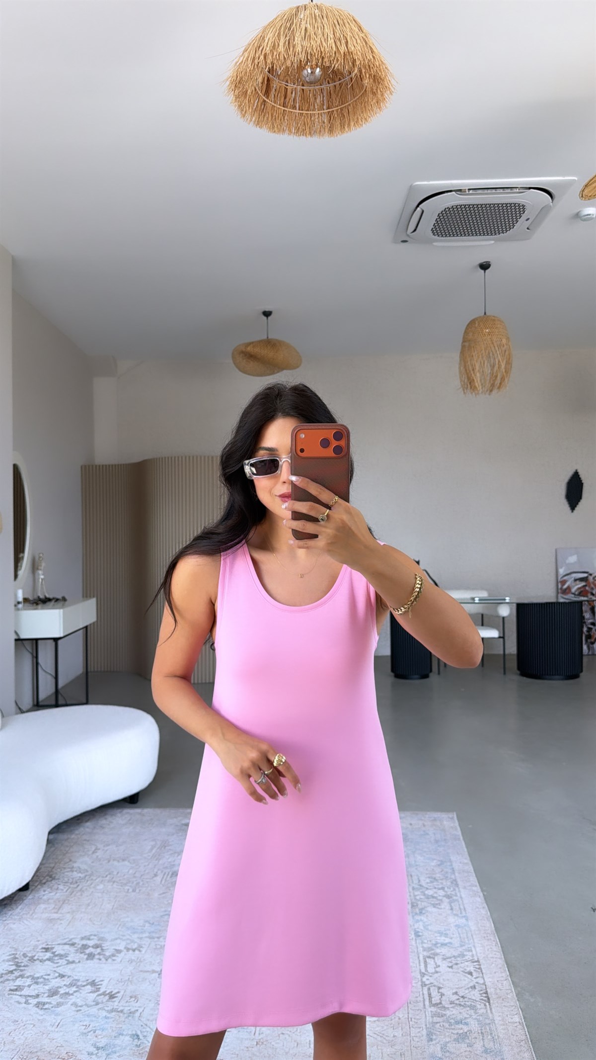 Pembe Kalın Askılı Basic Modal Elbise
