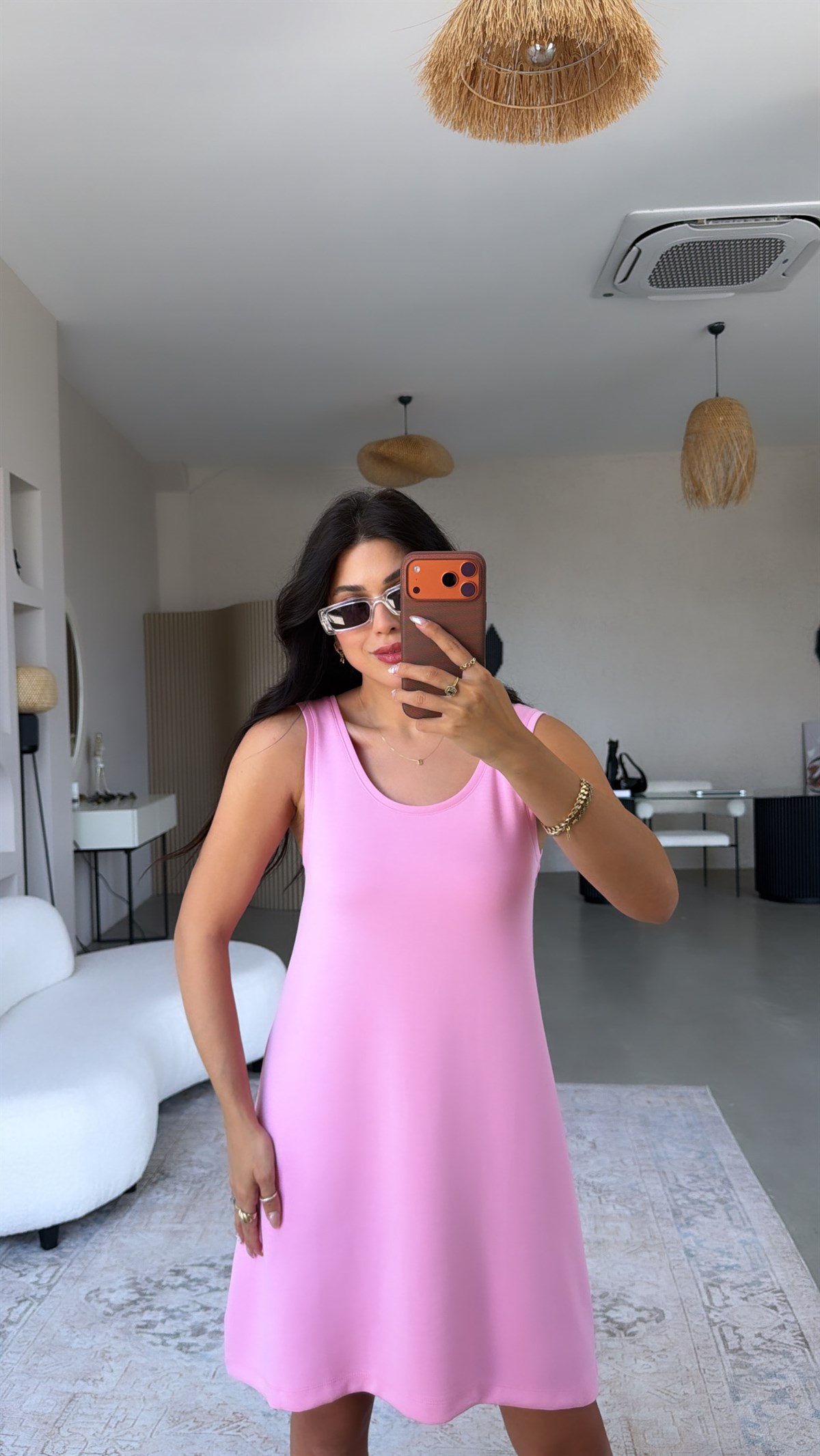 Pembe Kalın Askılı Basic Modal Elbise