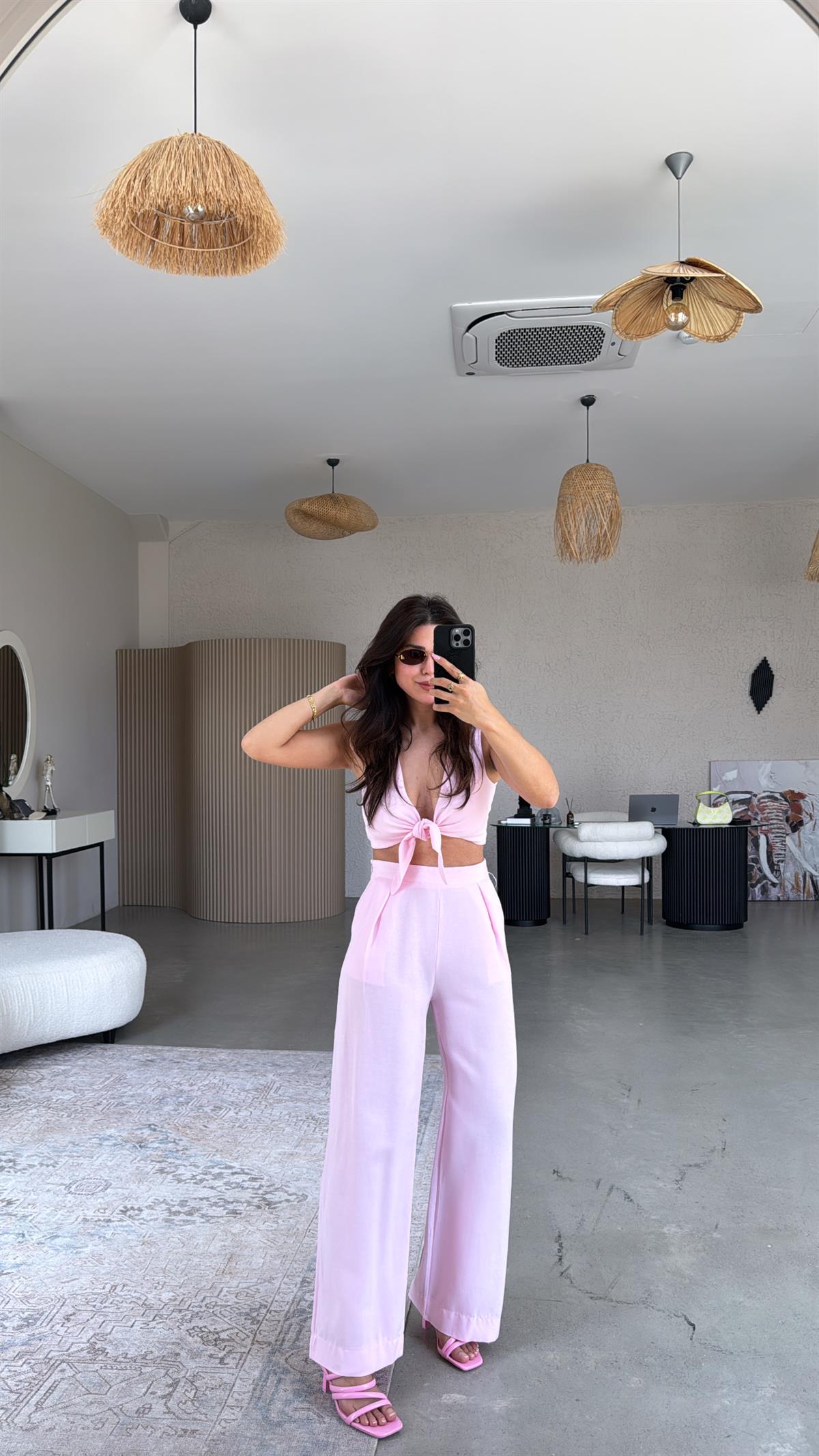 Pembe Keten Bağlamalı Bluzlu Takım