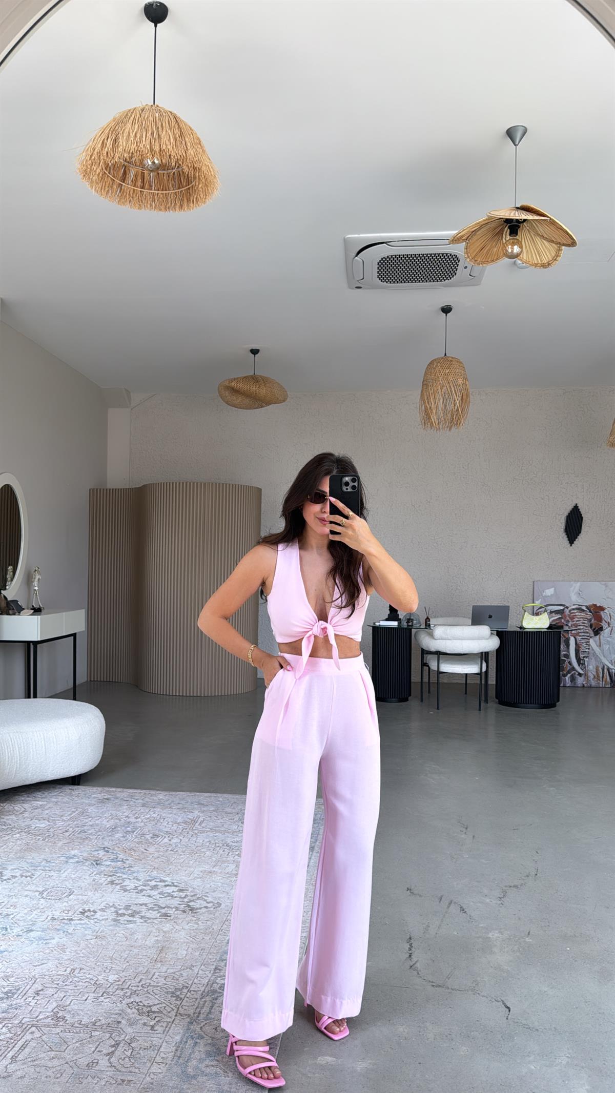 Pembe Keten Bağlamalı Bluzlu Takım