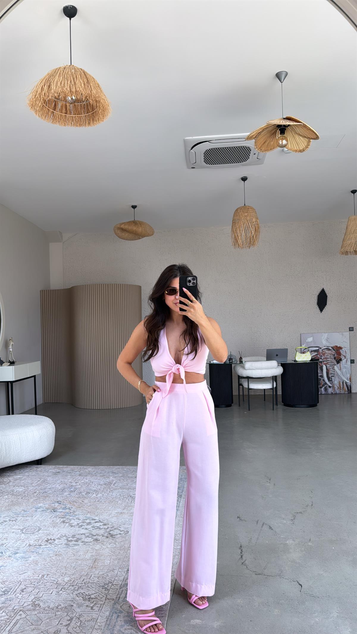 Pembe Keten Bağlamalı Bluzlu Takım