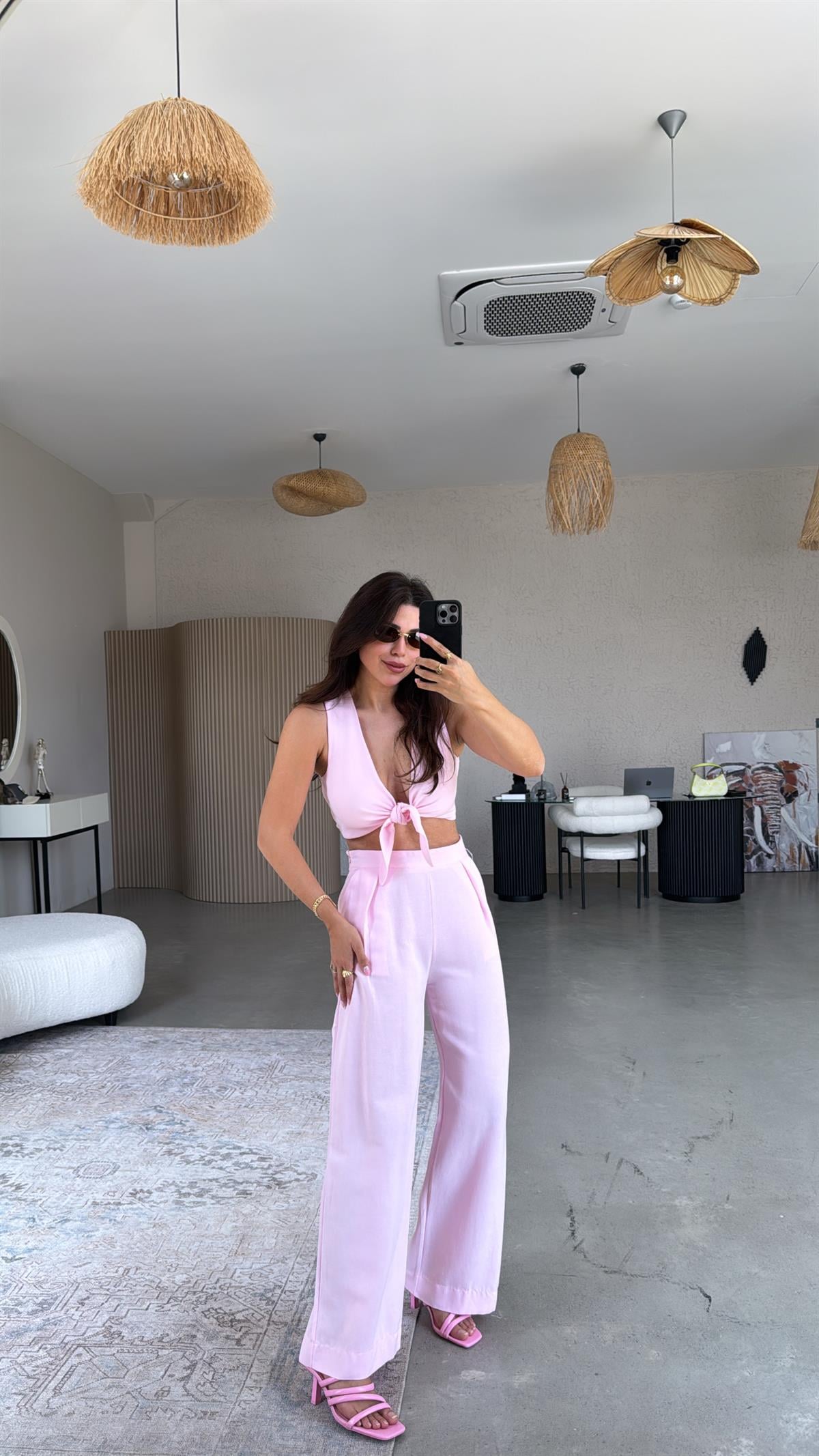 Pembe Keten Bağlamalı Bluzlu Takım