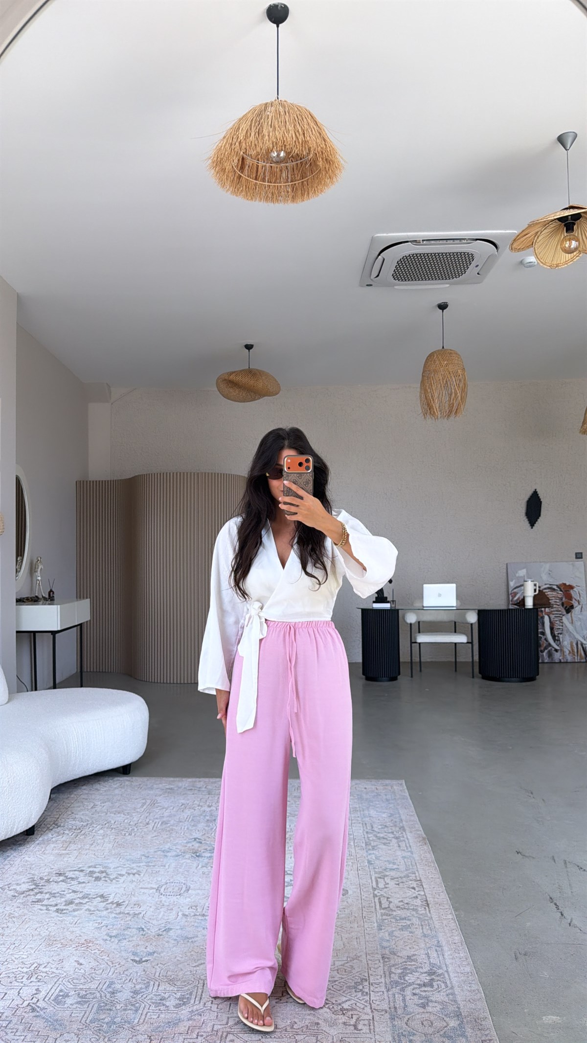 Pembe Keten Karışımlı Basic Bol Paça Pantolon