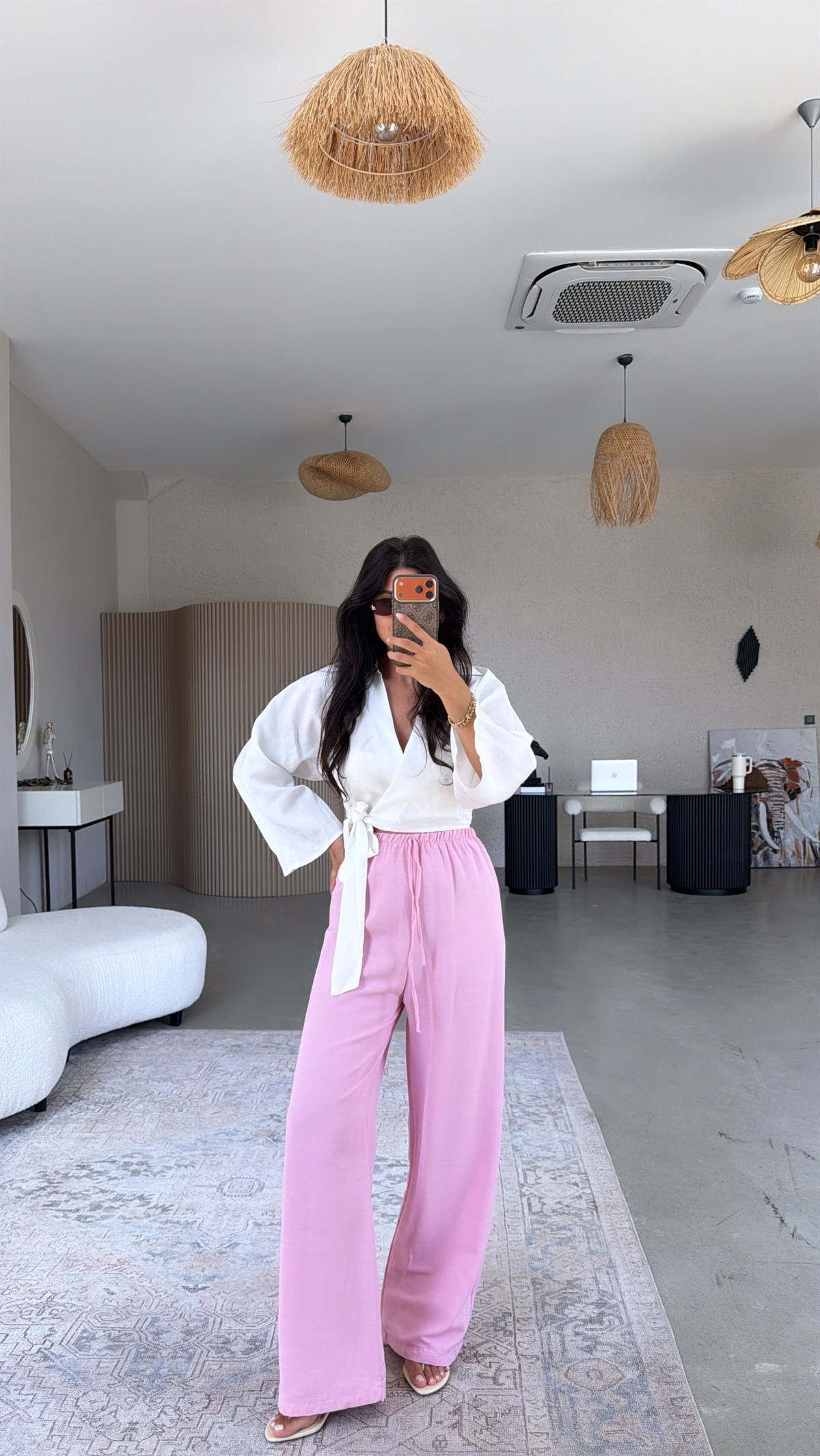 Pembe Keten Karışımlı Basic Bol Paça Pantolon