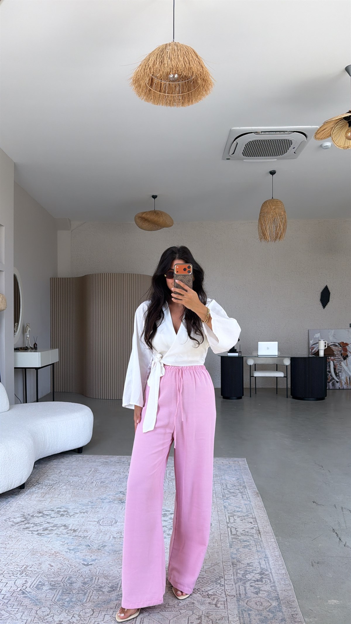 Pembe Keten Karışımlı Basic Bol Paça Pantolon