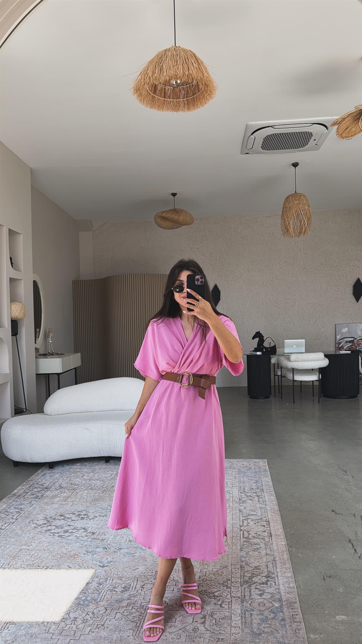 Pembe Keten Kemerli Kruvaze Elbise