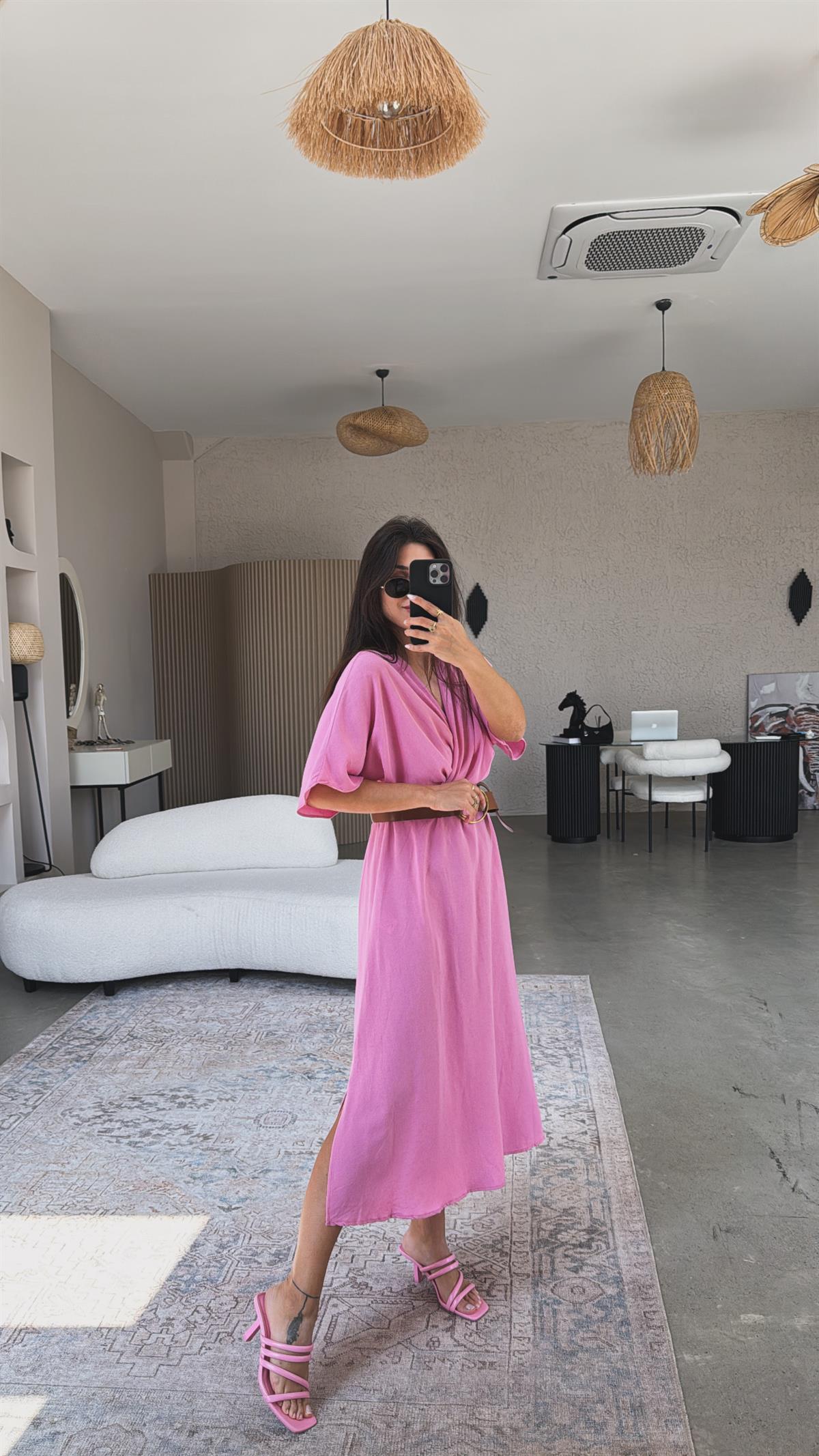 Pembe Keten Kemerli Kruvaze Elbise