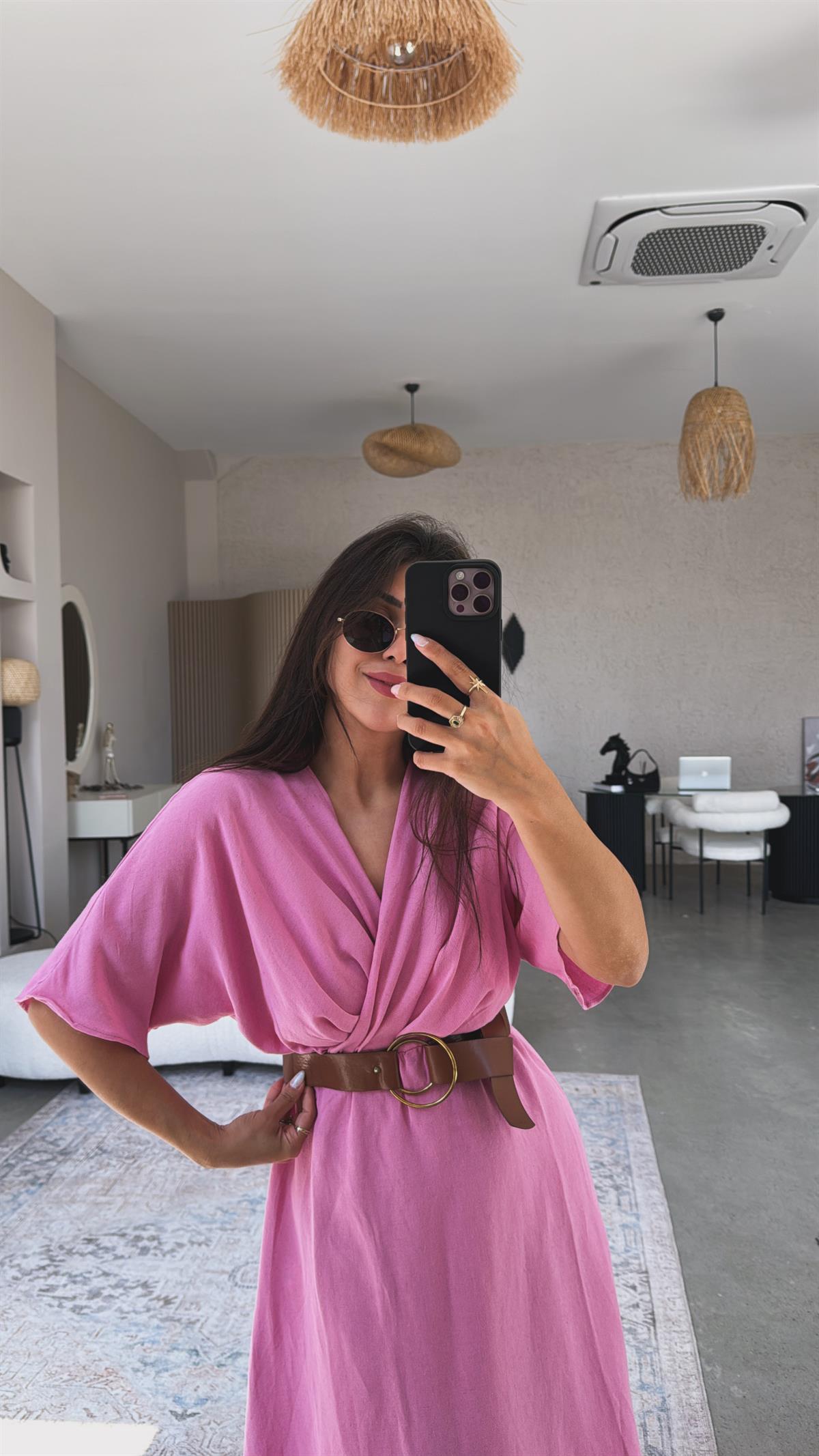 Pembe Keten Kemerli Kruvaze Elbise