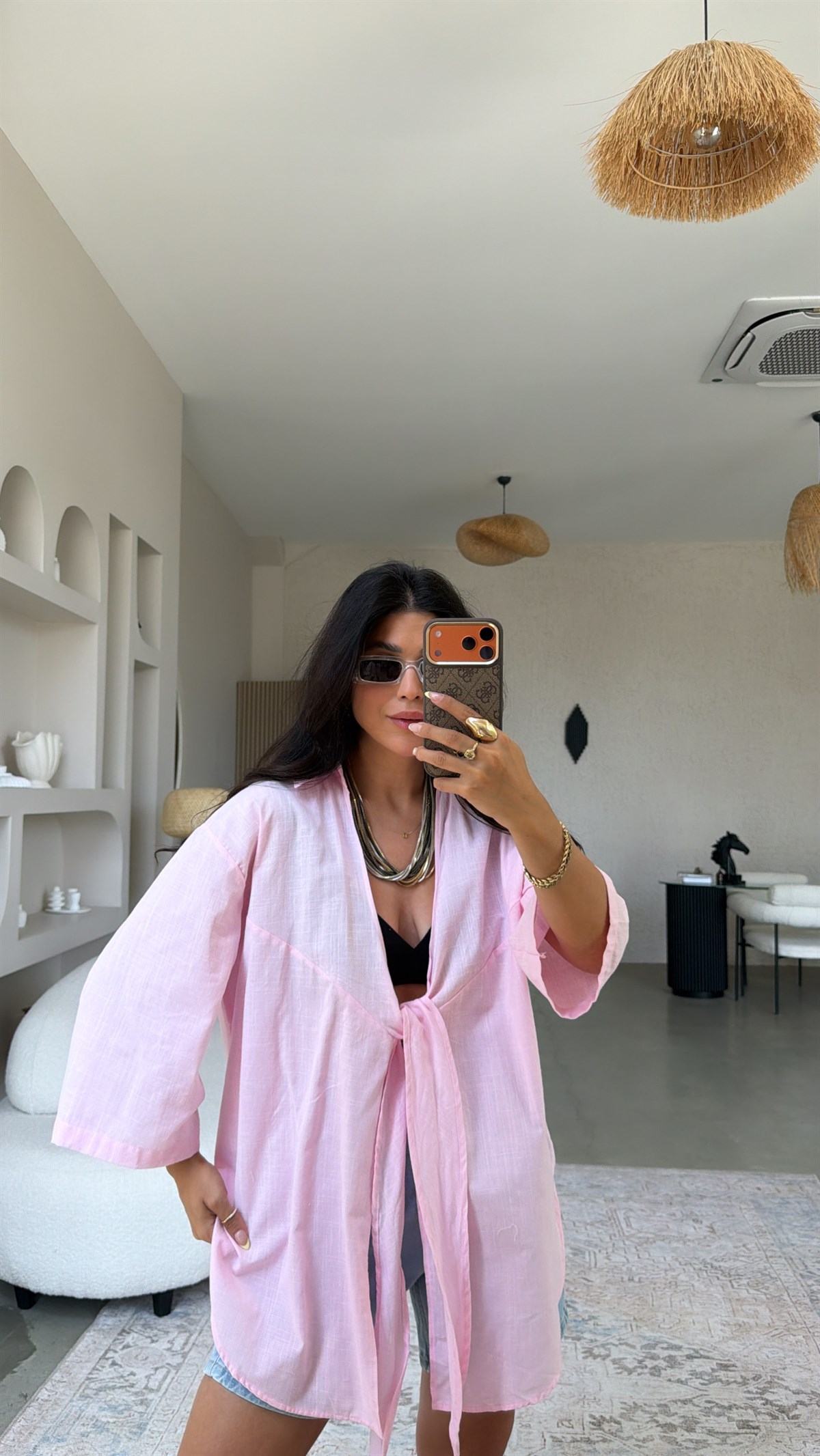 Pembe Keten Önden Bağlamalı Pareo Gömlek