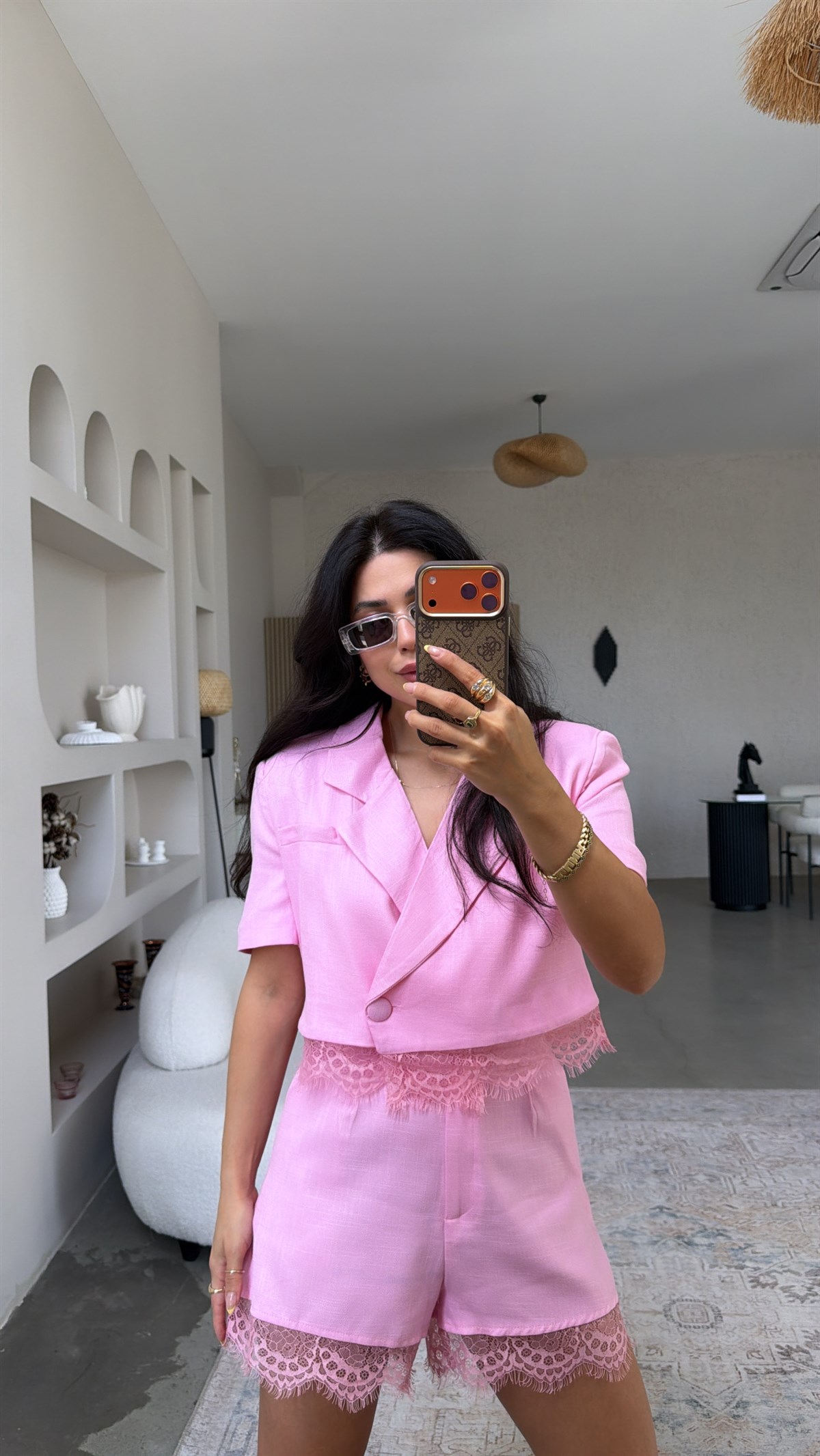 Pembe Keten ZR Model Dantelli Şort Ceket Takım
