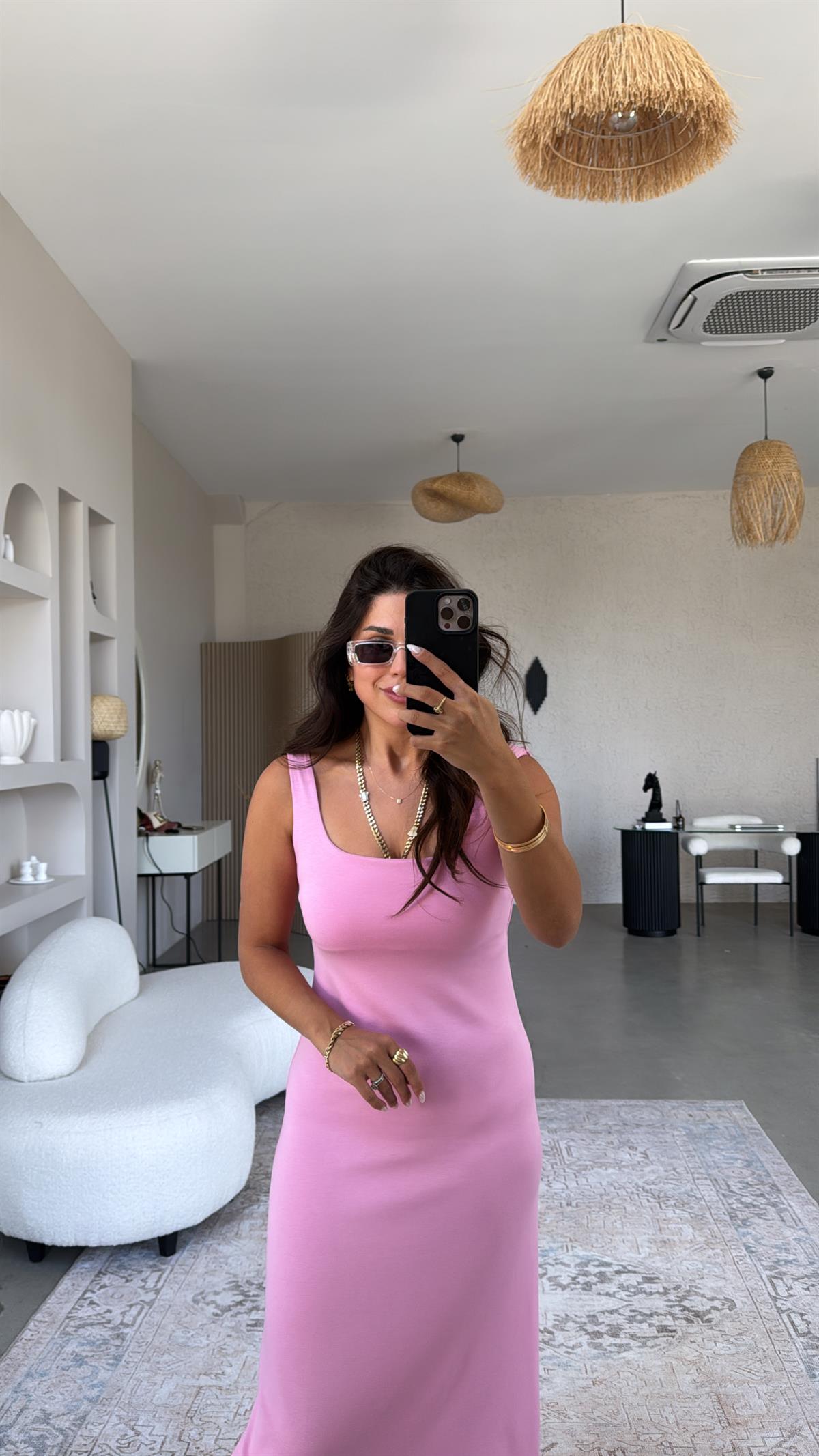 Pembe Modal Kare Yaka Elbise