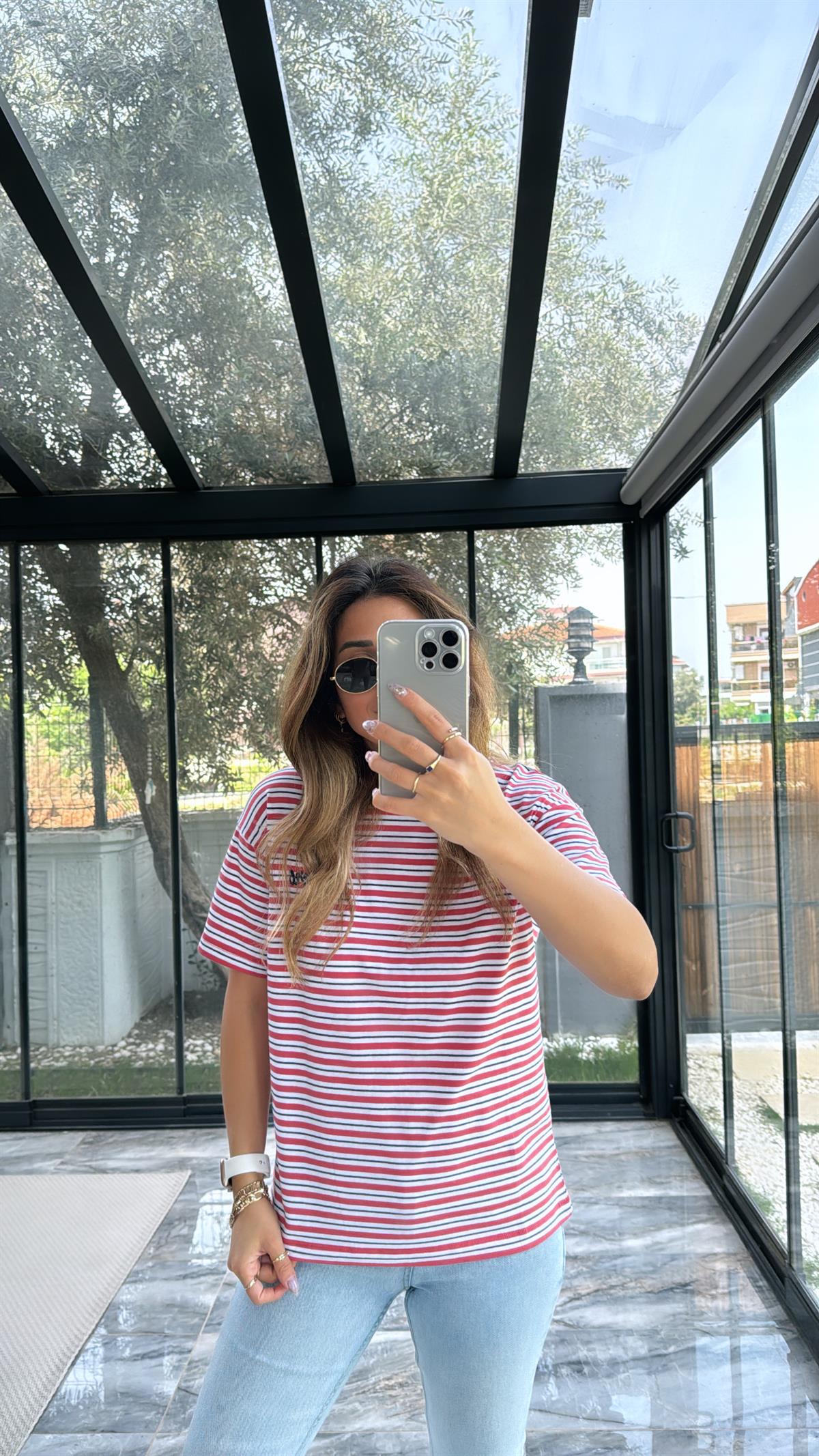 Pembe Orjinal Çizgili Tshirt