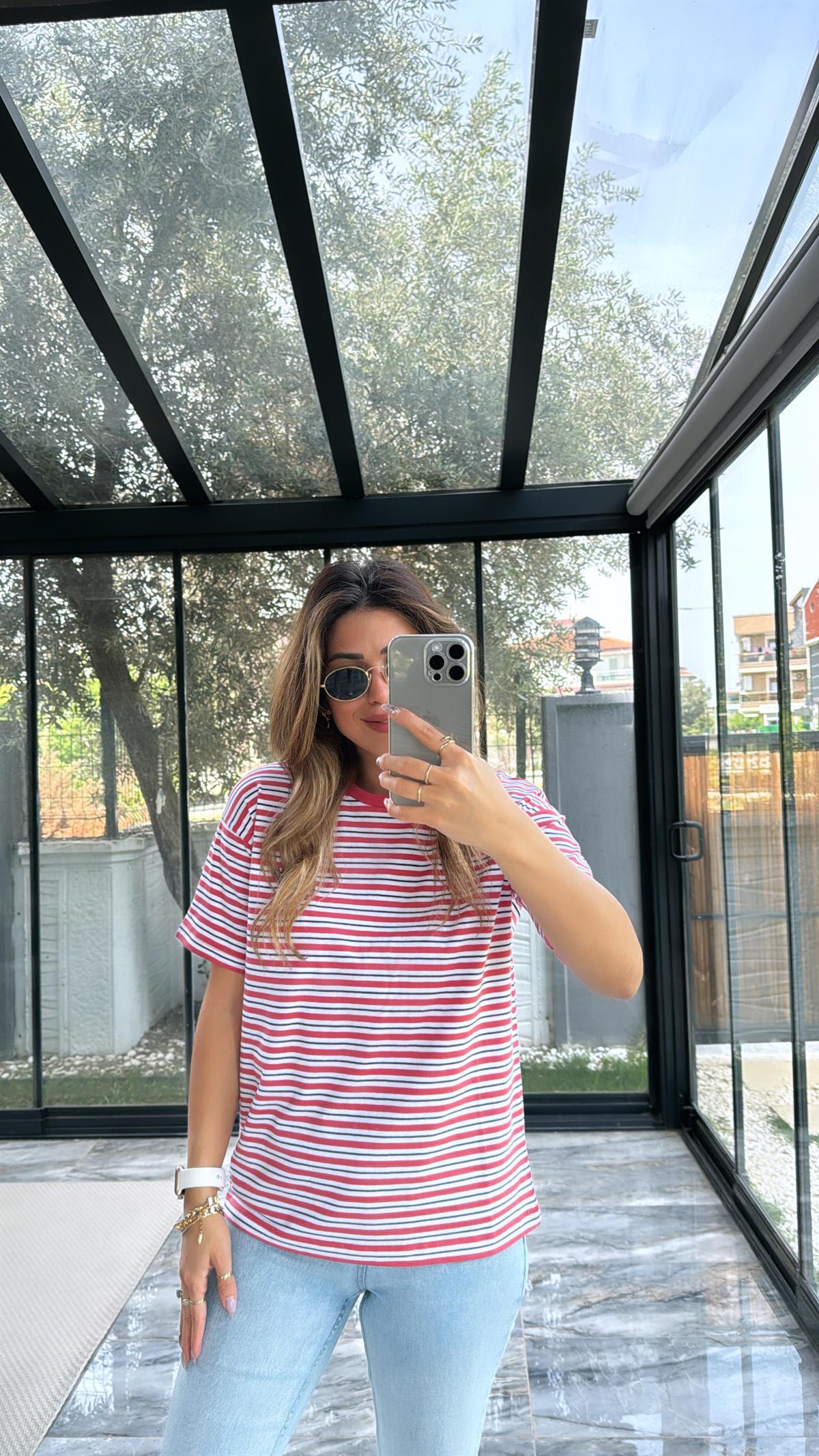 Pembe Orjinal Çizgili Tshirt