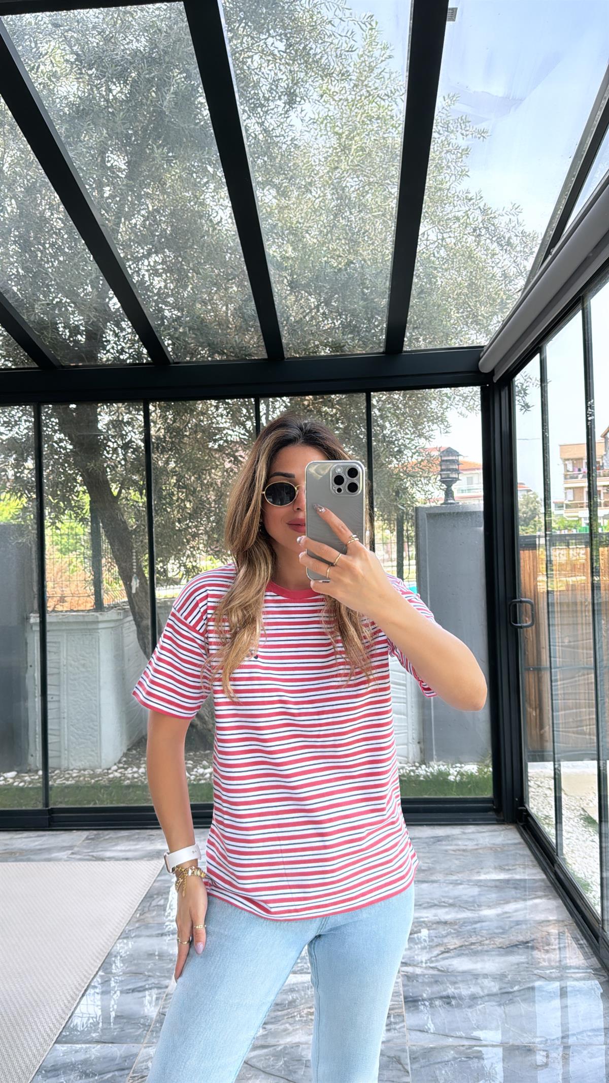 Pembe Orjinal Çizgili Tshirt