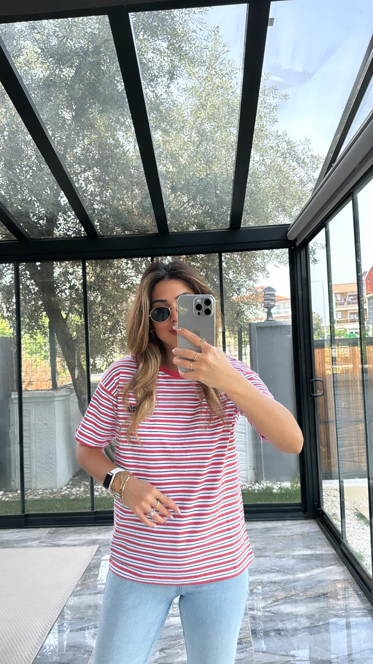 Pembe Orjinal Çizgili Tshirt