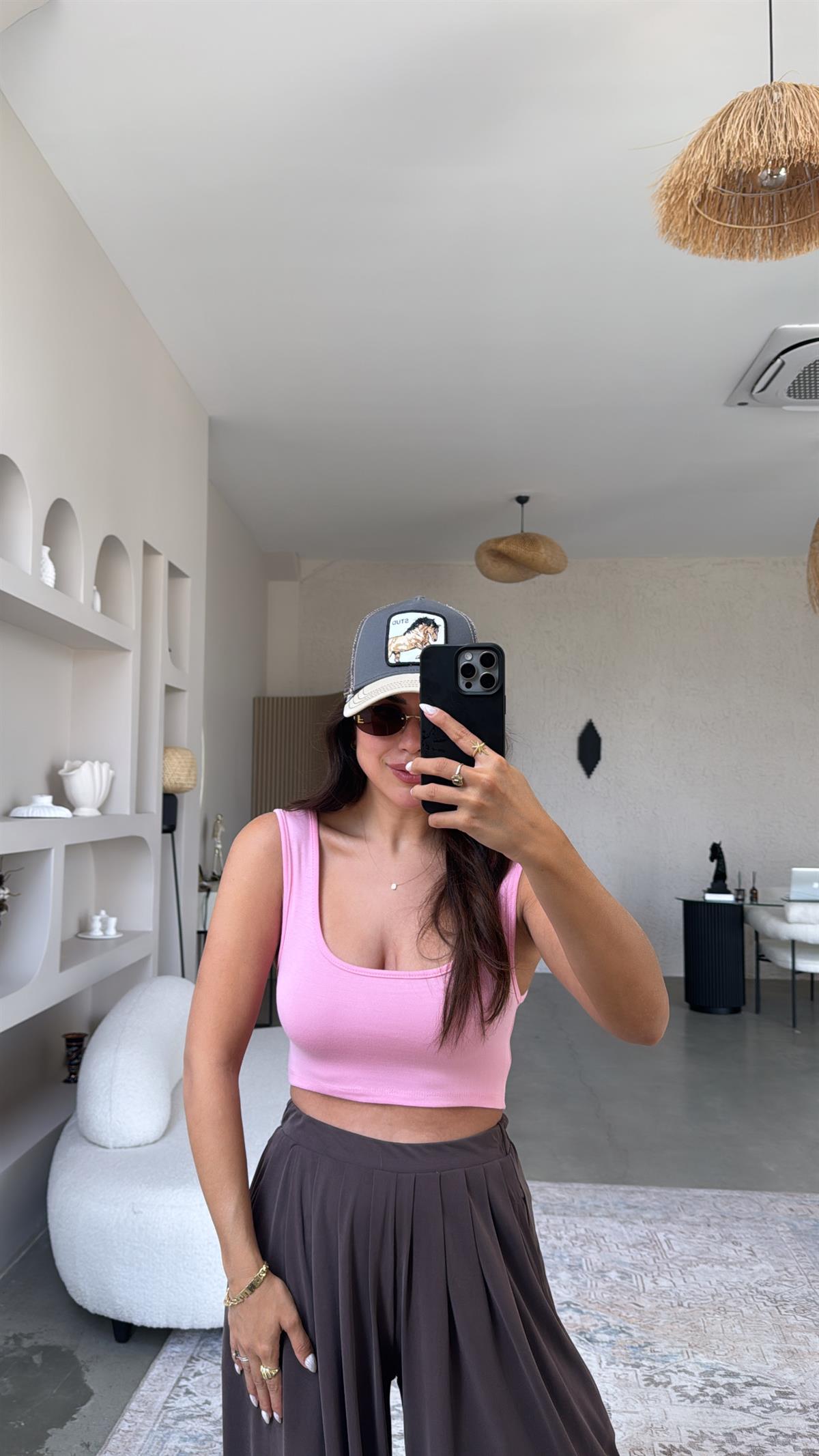 Pembe Oys Kalın Askı Crop Atlet