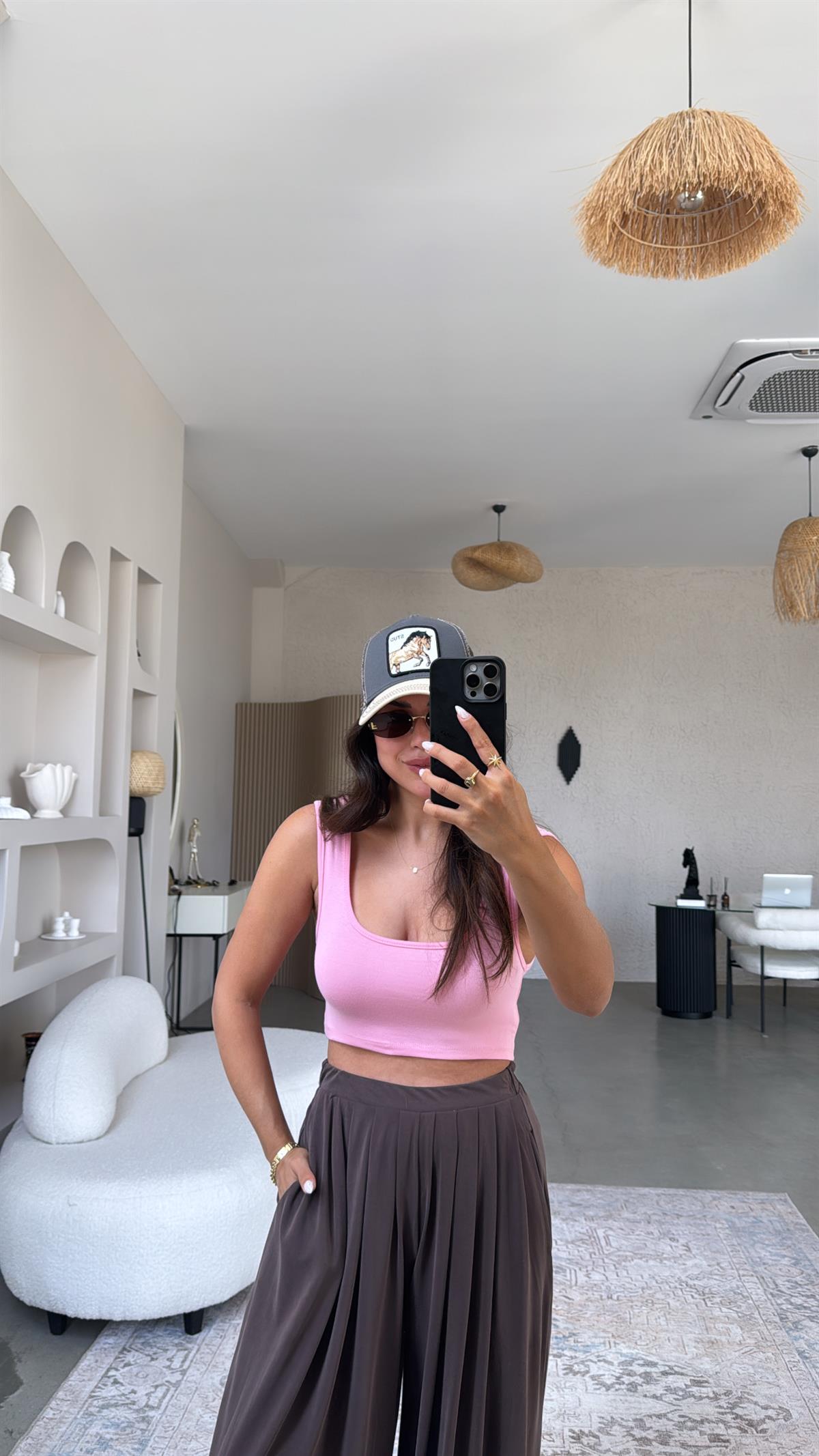 Pembe Oys Kalın Askı Crop Atlet