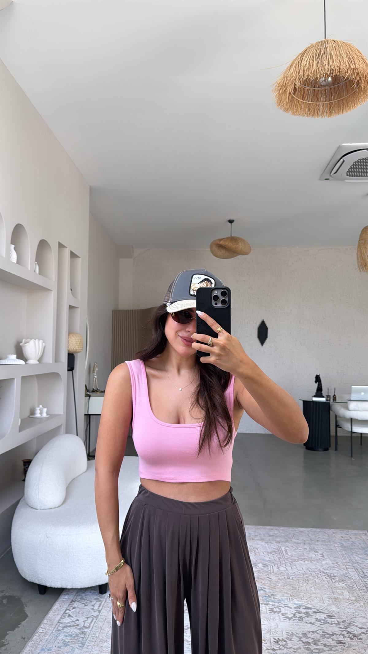 Pembe Oys Kalın Askı Crop Atlet