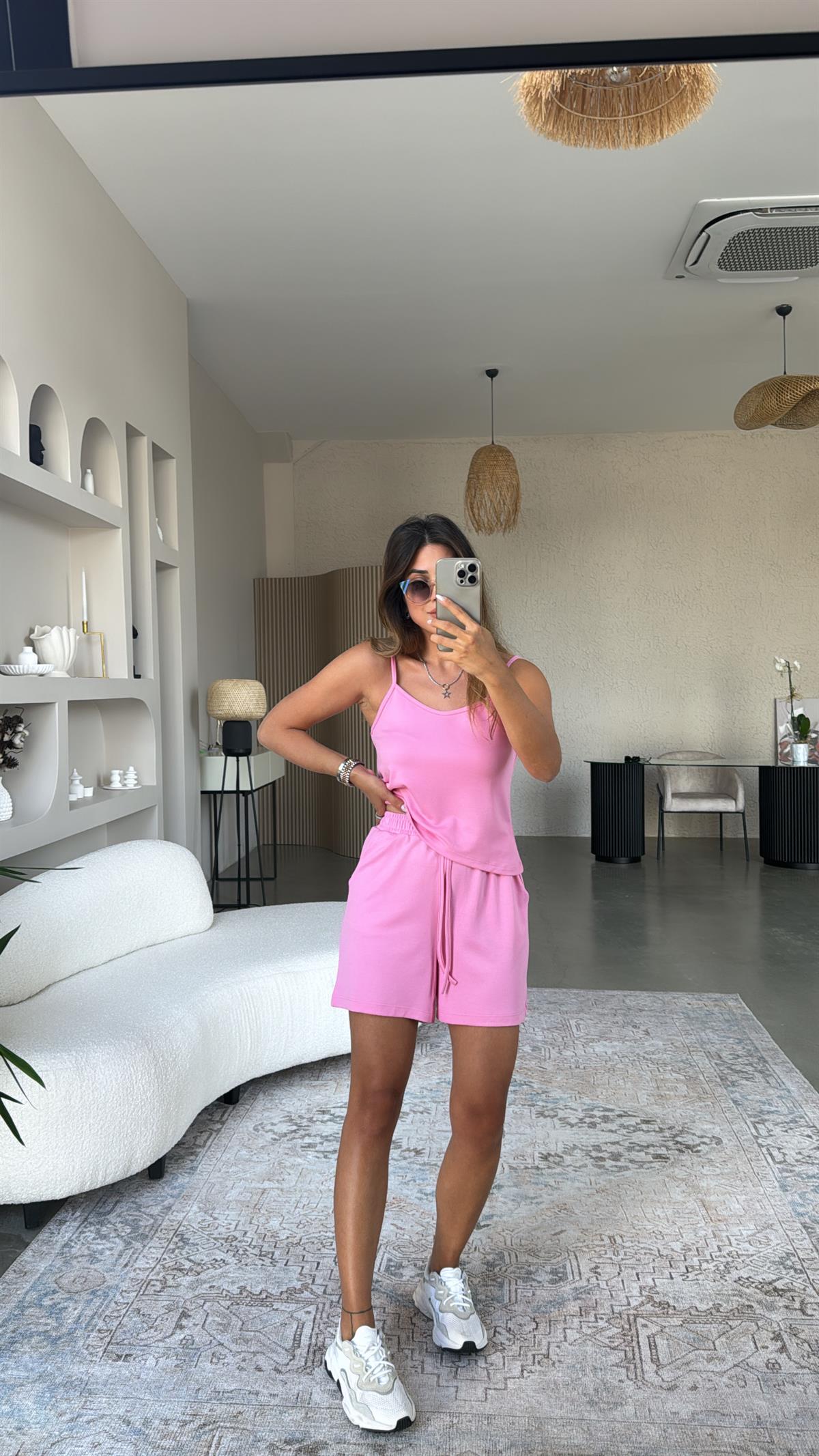 Pembe Pike Modal Şort Bluz Takım