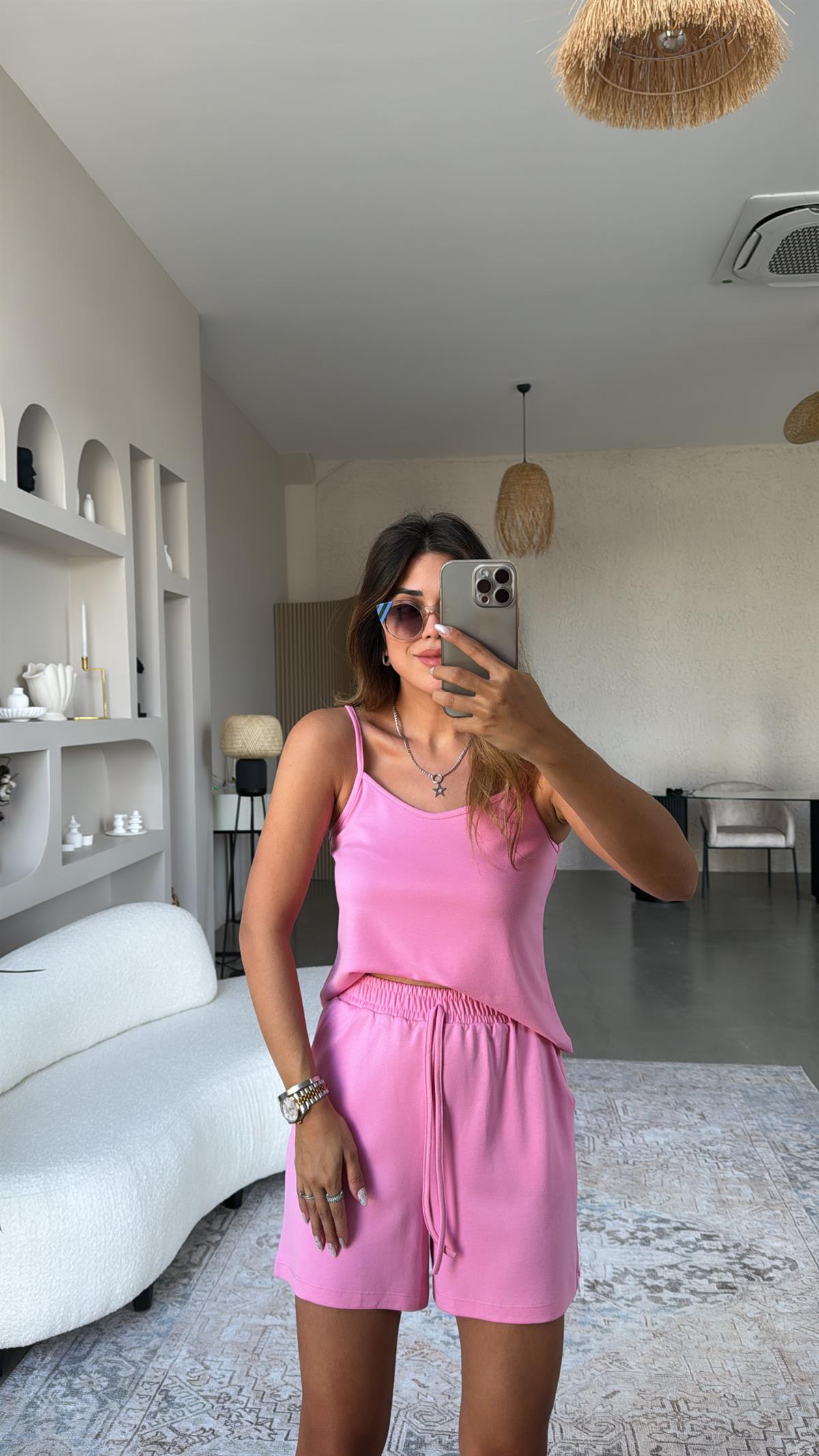 Pembe Pike Modal Şort Bluz Takım