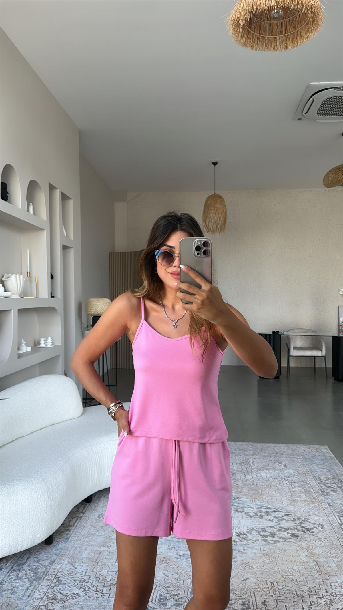 Pembe Pike Modal Şort Bluz Takım