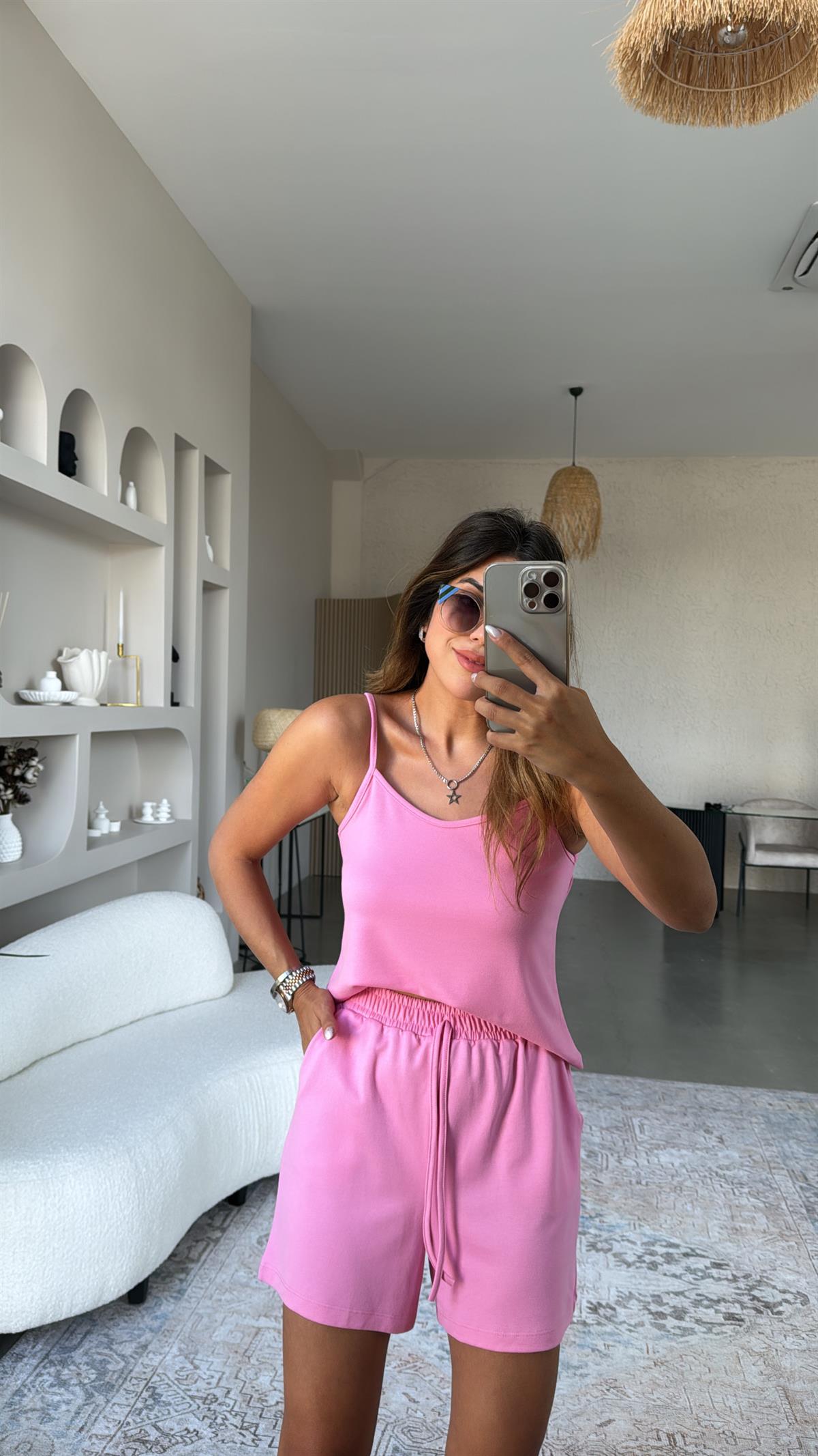 Pembe Pike Modal Şort Bluz Takım