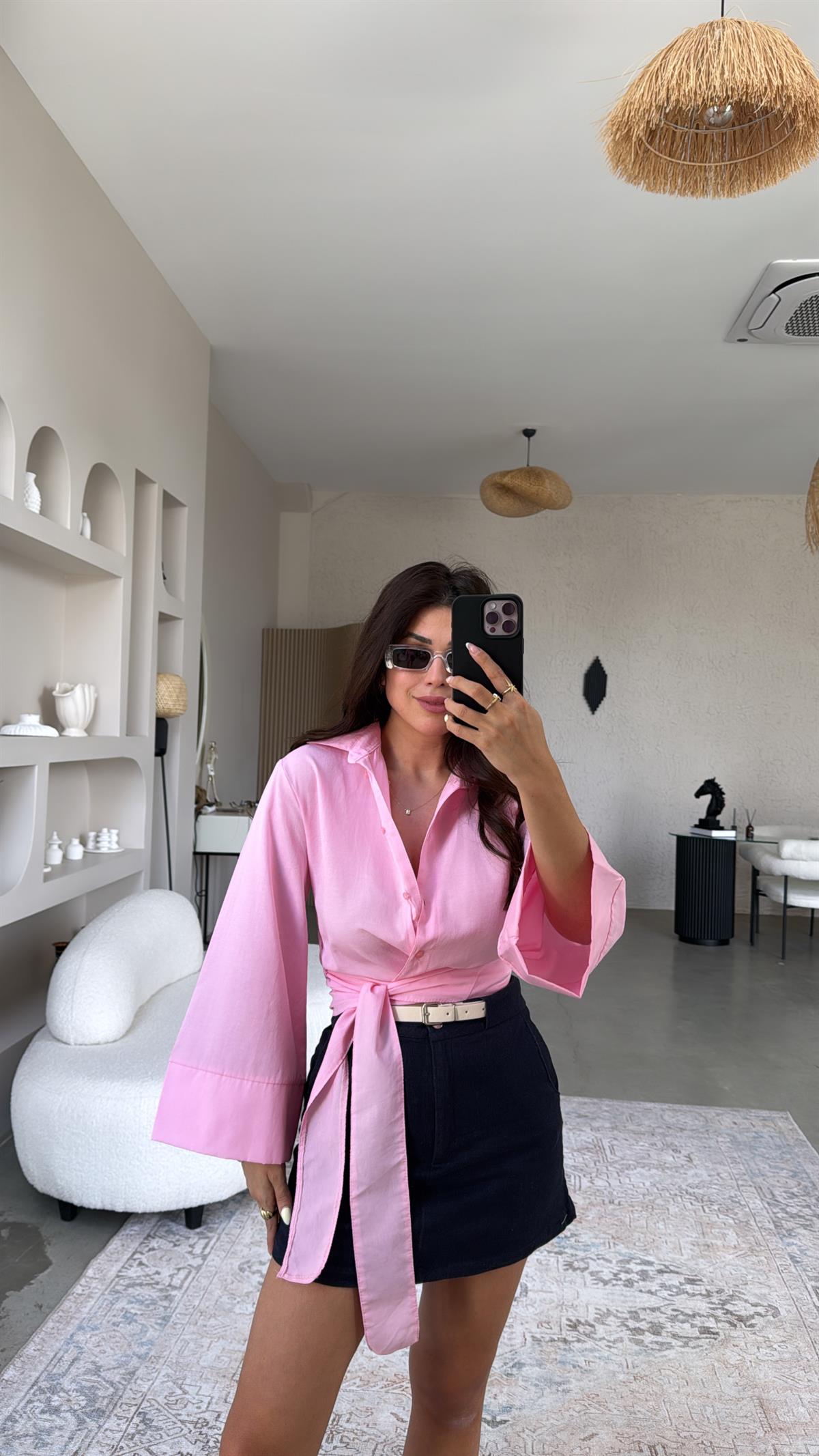 Pembe Poplin Bağlamalı Gömlek