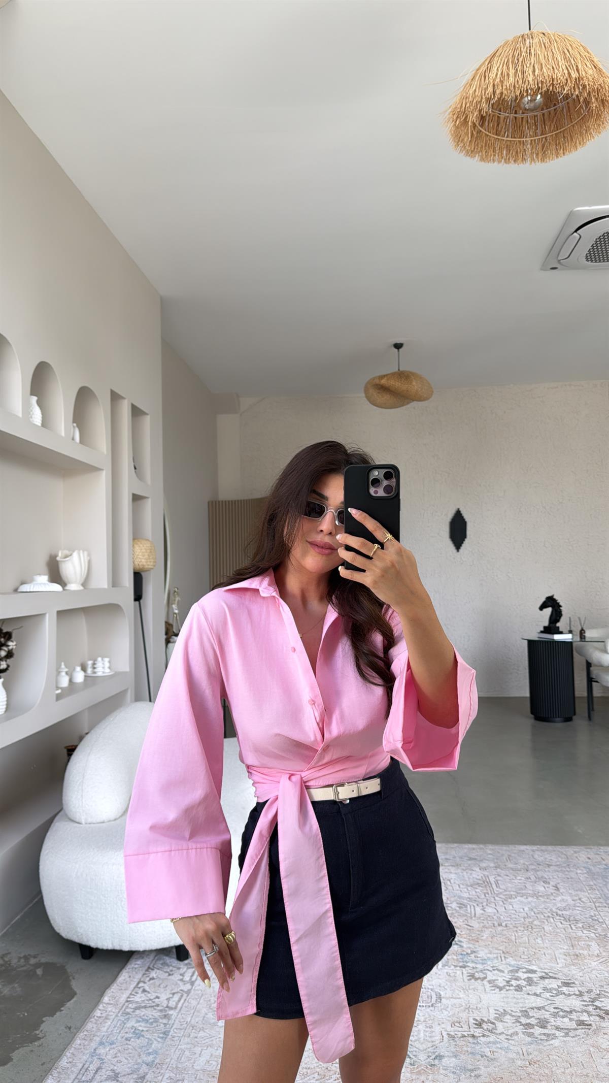 Pembe Poplin Bağlamalı Gömlek