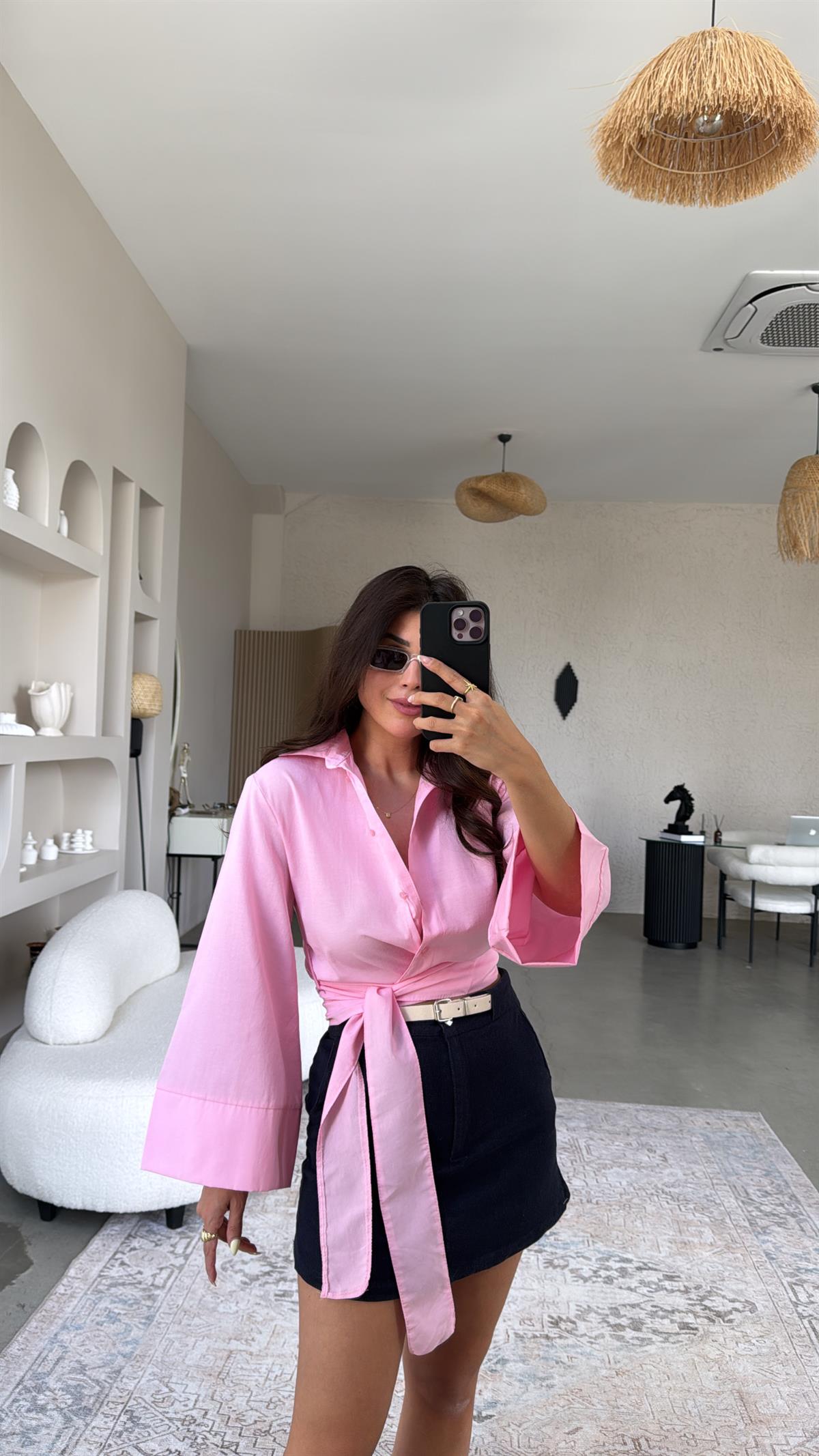 Pembe Poplin Bağlamalı Gömlek