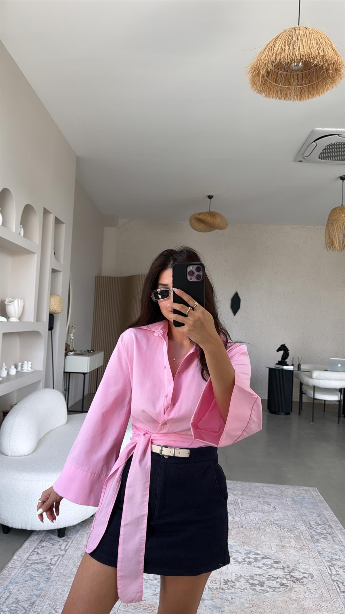 Pembe Poplin Bağlamalı Gömlek