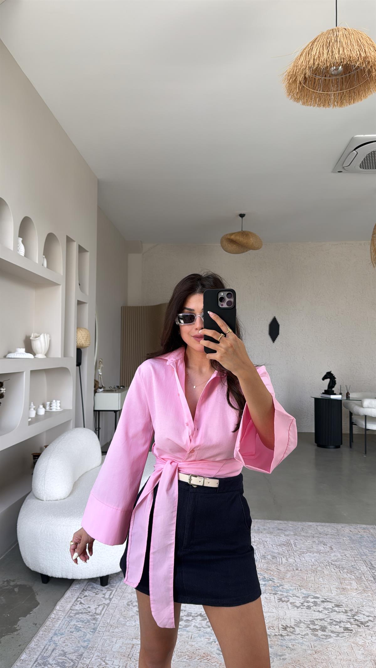 Pembe Poplin Bağlamalı Gömlek