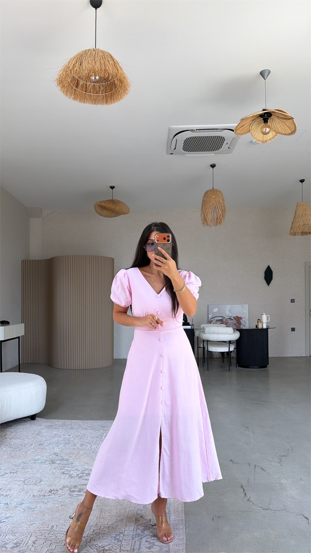 Pembe Romantik Düğmeli Elbise