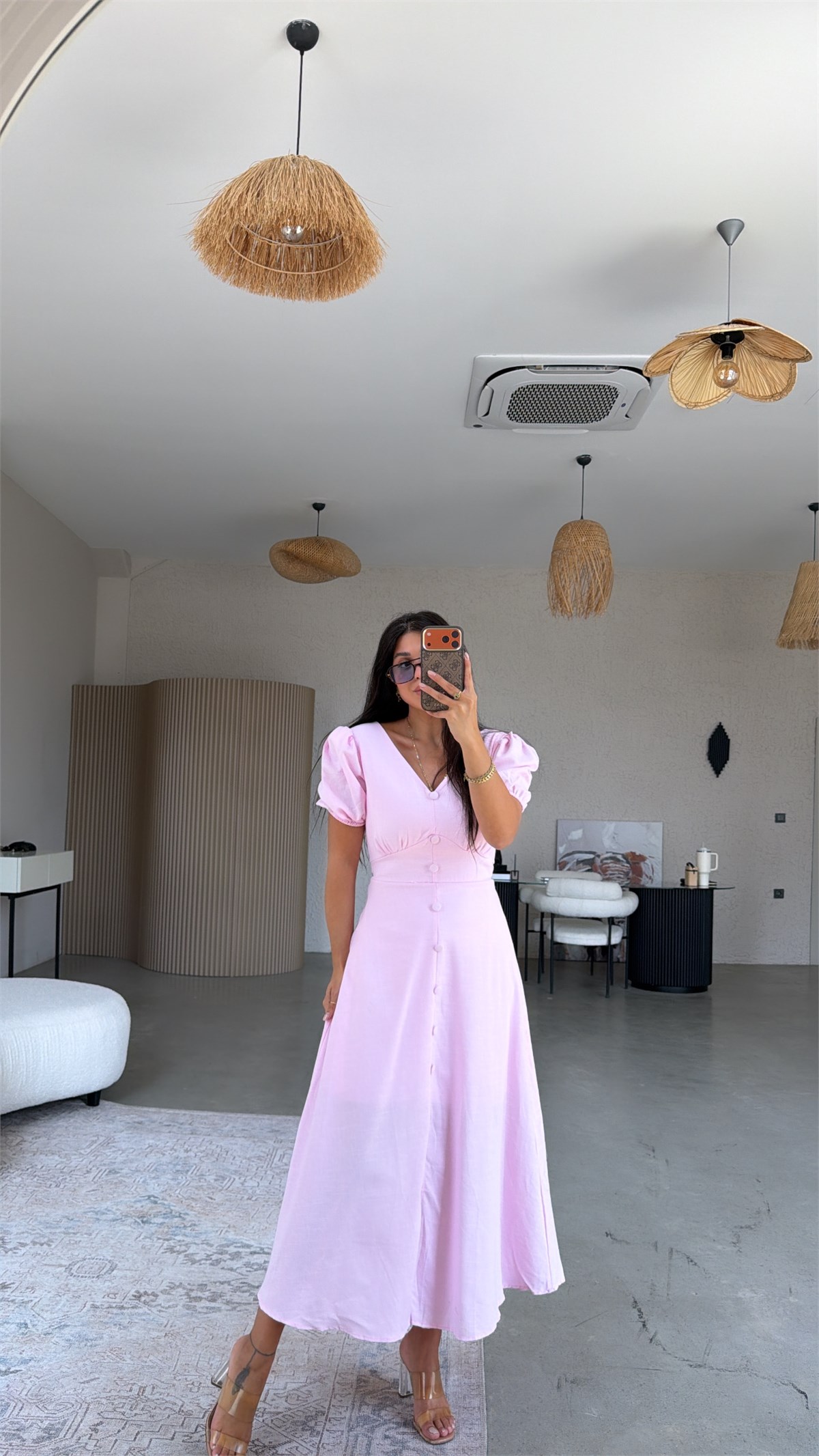 Pembe Romantik Düğmeli Elbise