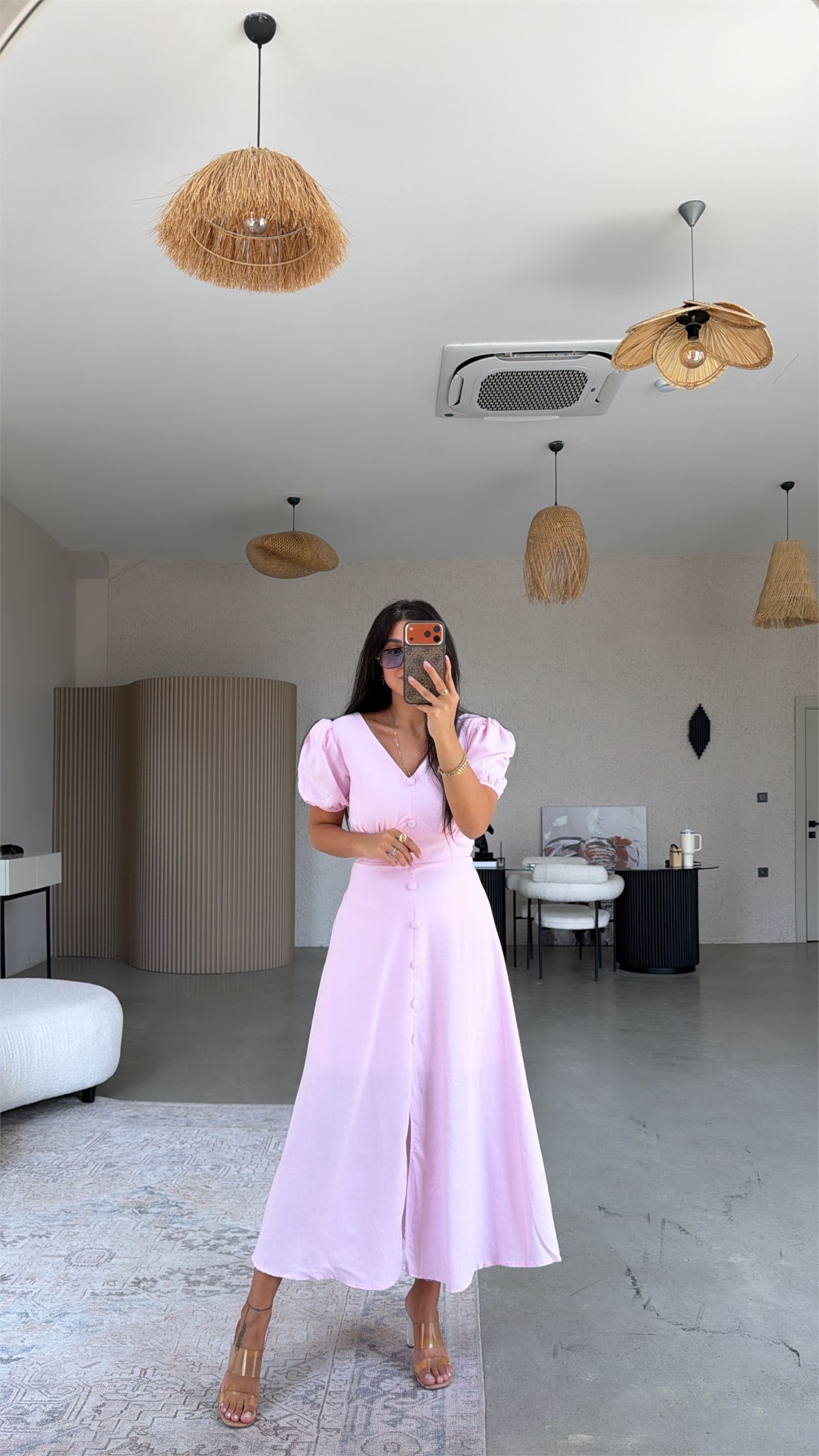 Pembe Romantik Düğmeli Elbise