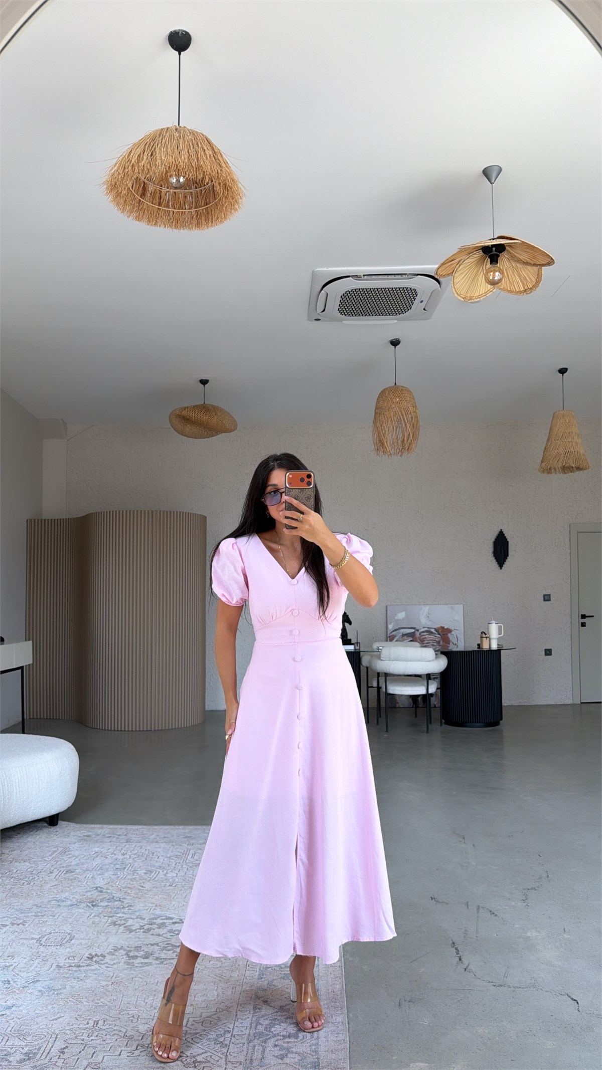 Pembe Romantik Düğmeli Elbise