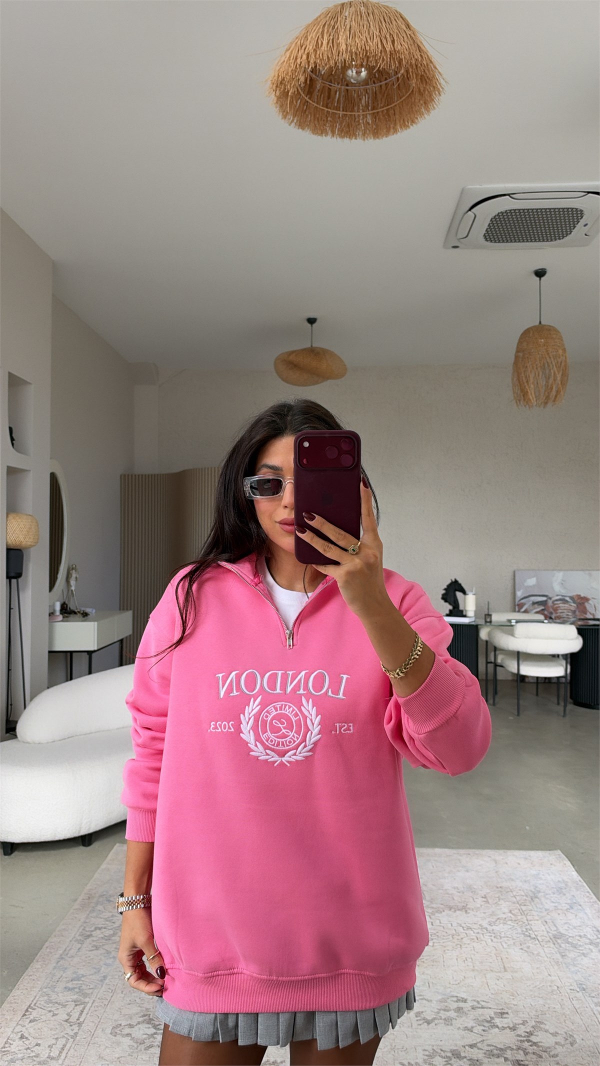 Pembe Şardonlu London Fermuarlı Sweatshirt