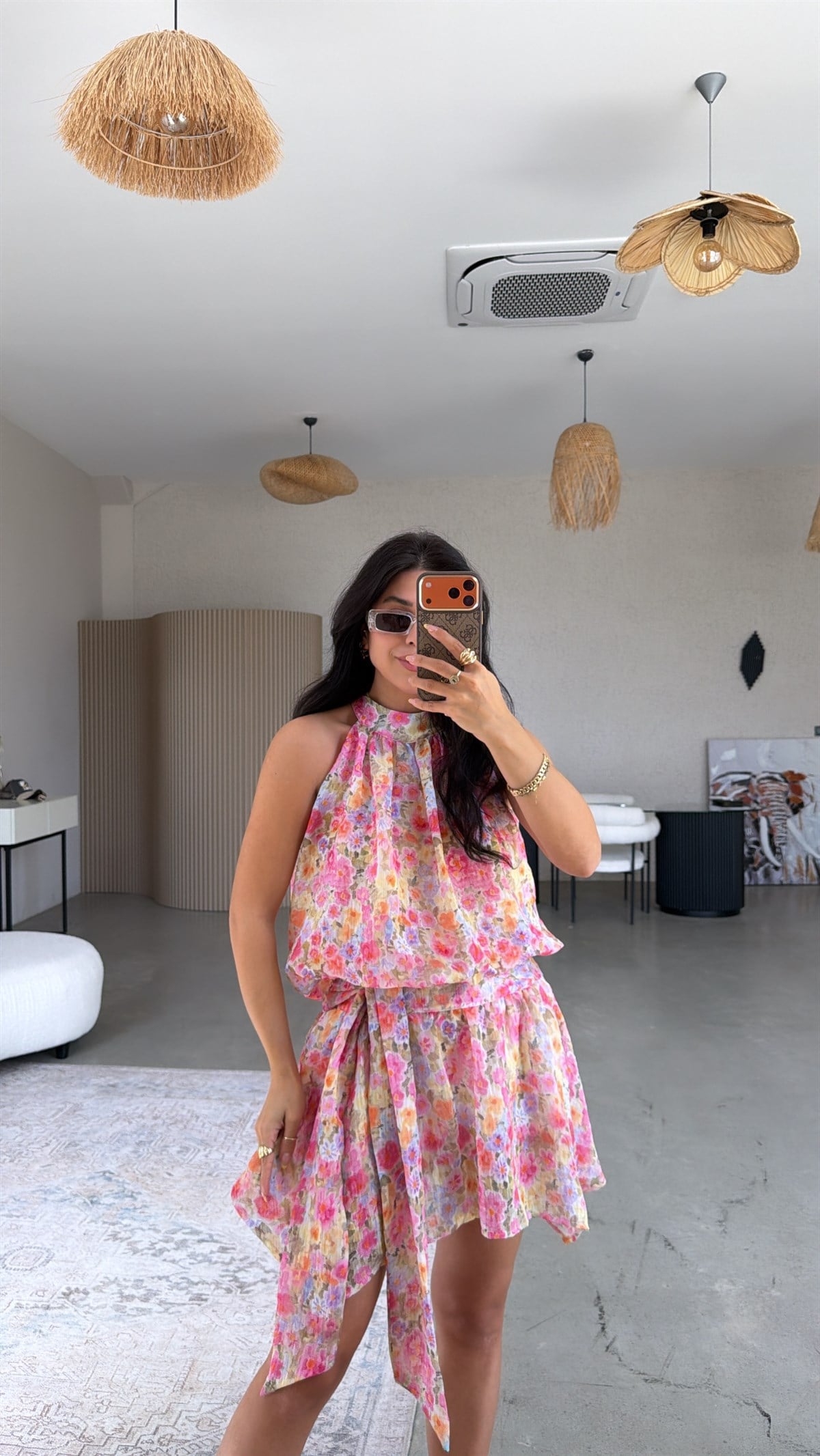 Pembe Soft Çiçekli Keten Premium Etek Bluz Takım