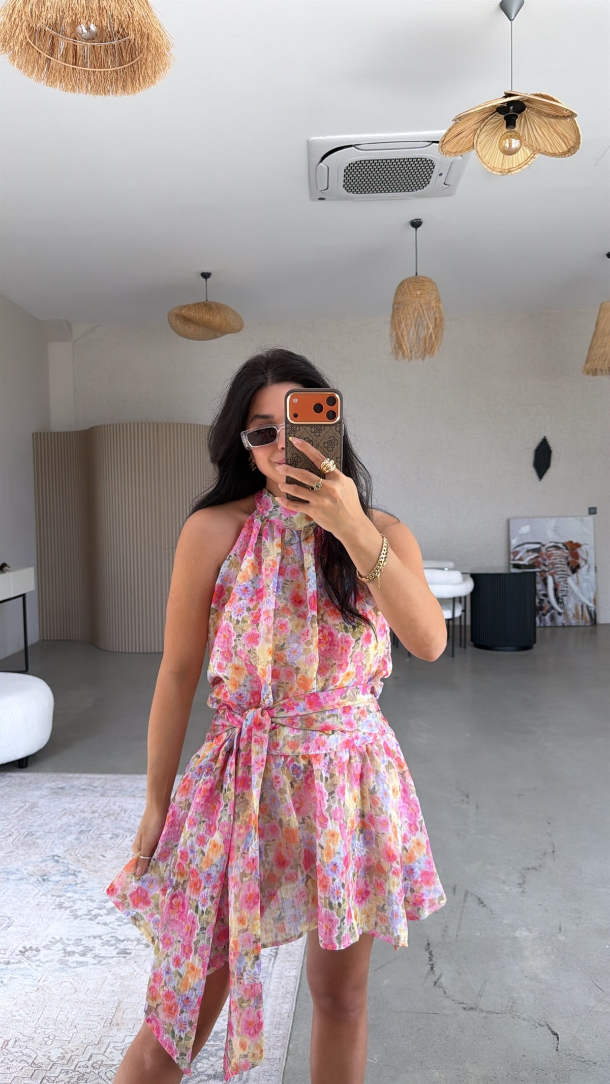 Pembe Soft Çiçekli Keten Premium Etek Bluz Takım