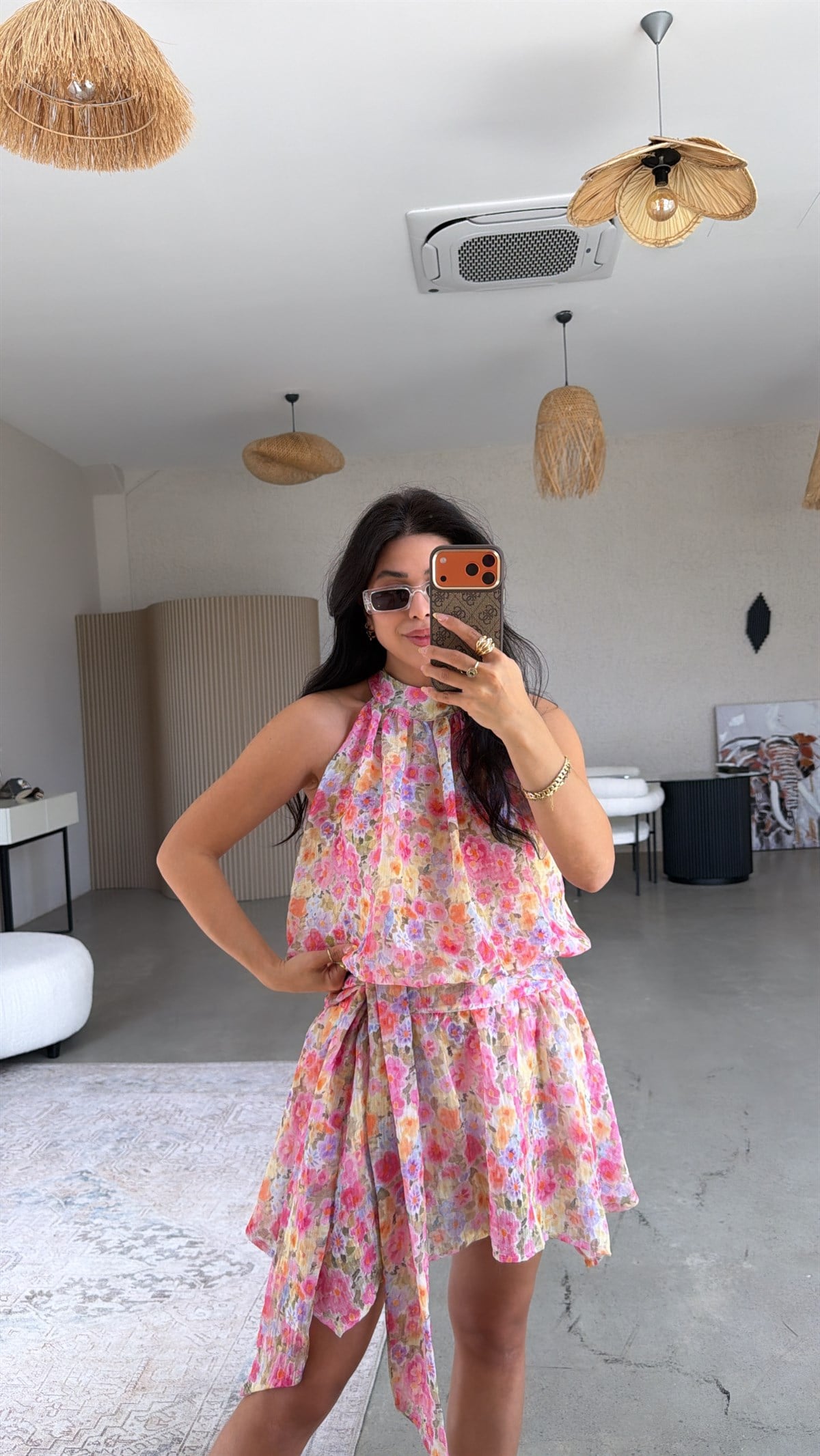 Pembe Soft Çiçekli Keten Premium Etek Bluz Takım