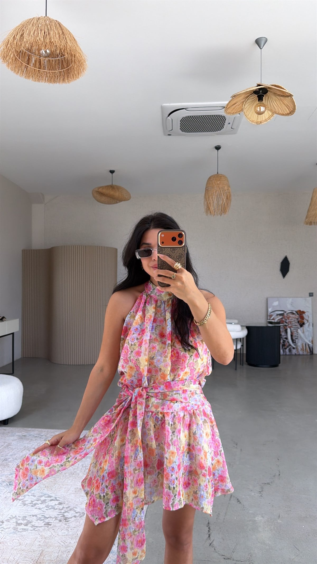 Pembe Soft Çiçekli Keten Premium Etek Bluz Takım