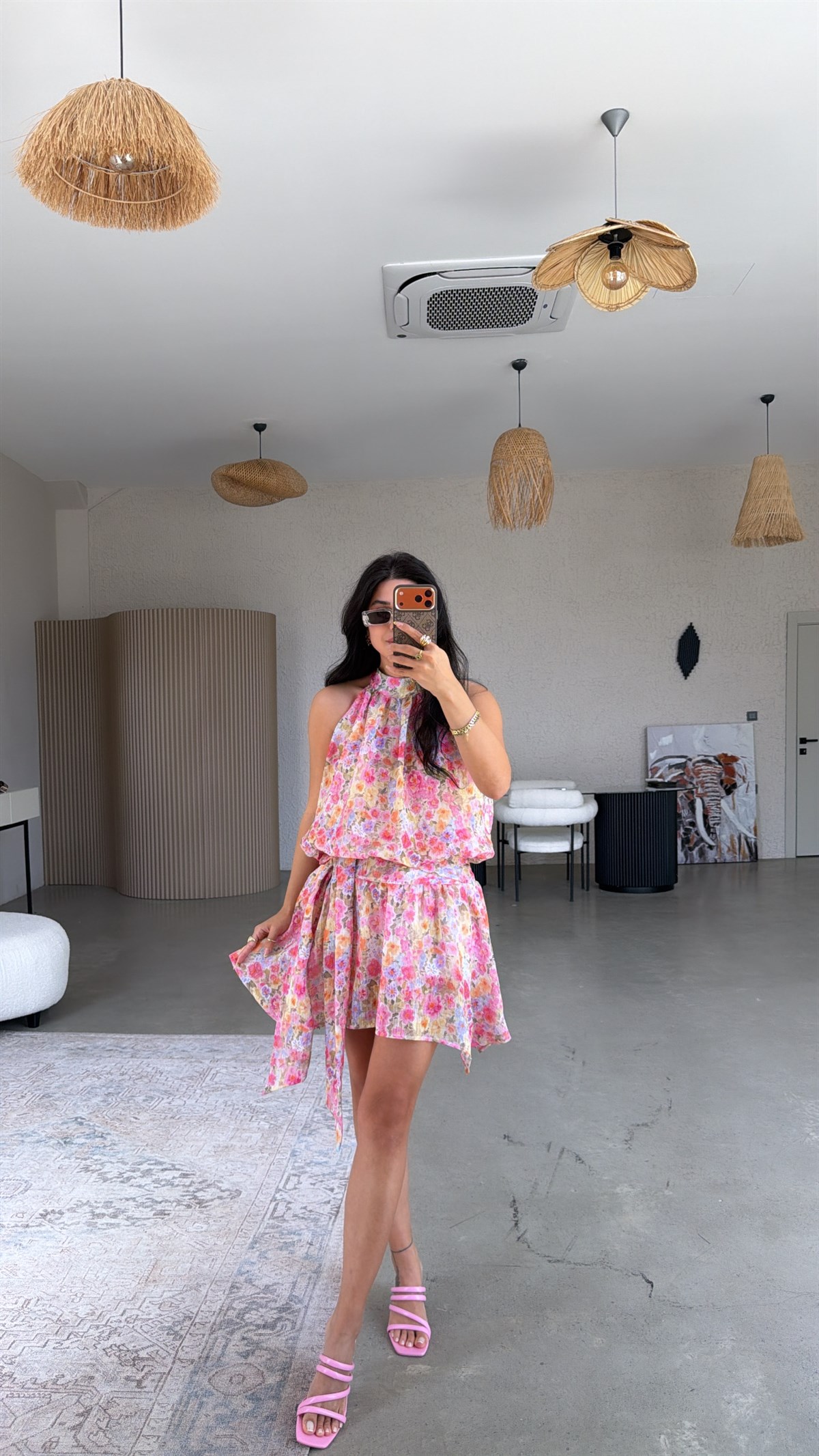 Pembe Soft Çiçekli Keten Premium Etek Bluz Takım