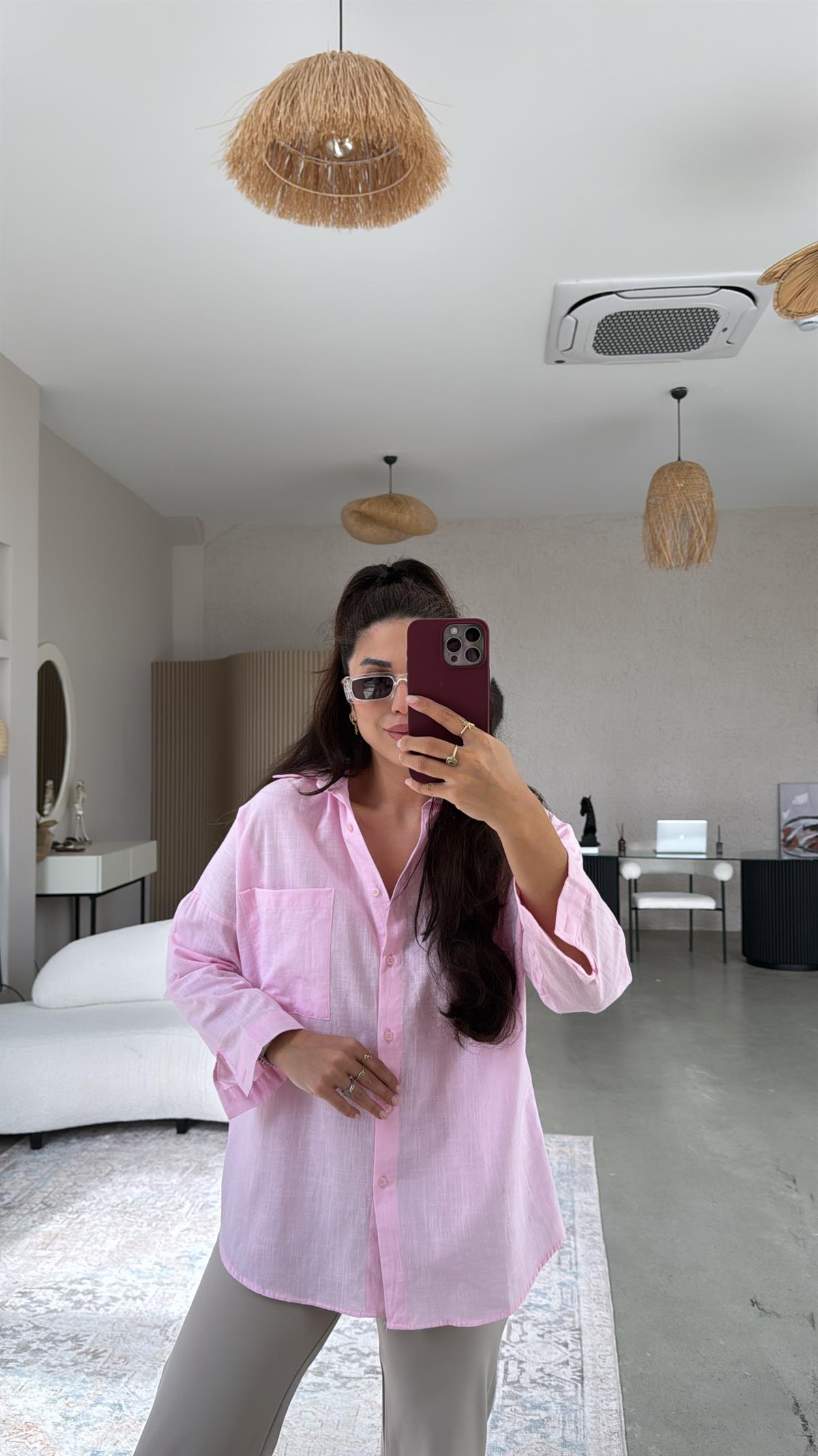 Pembe Tek Cepli Keten Gömlek