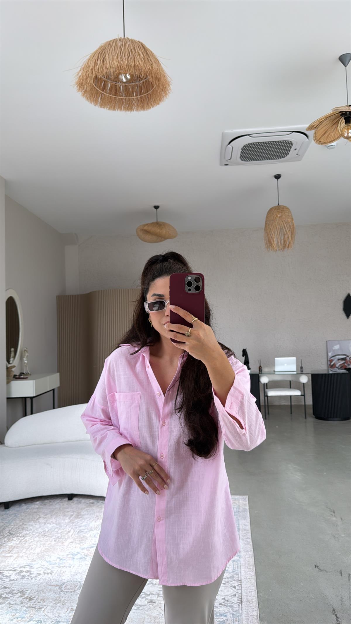 Pembe Tek Cepli Keten Gömlek