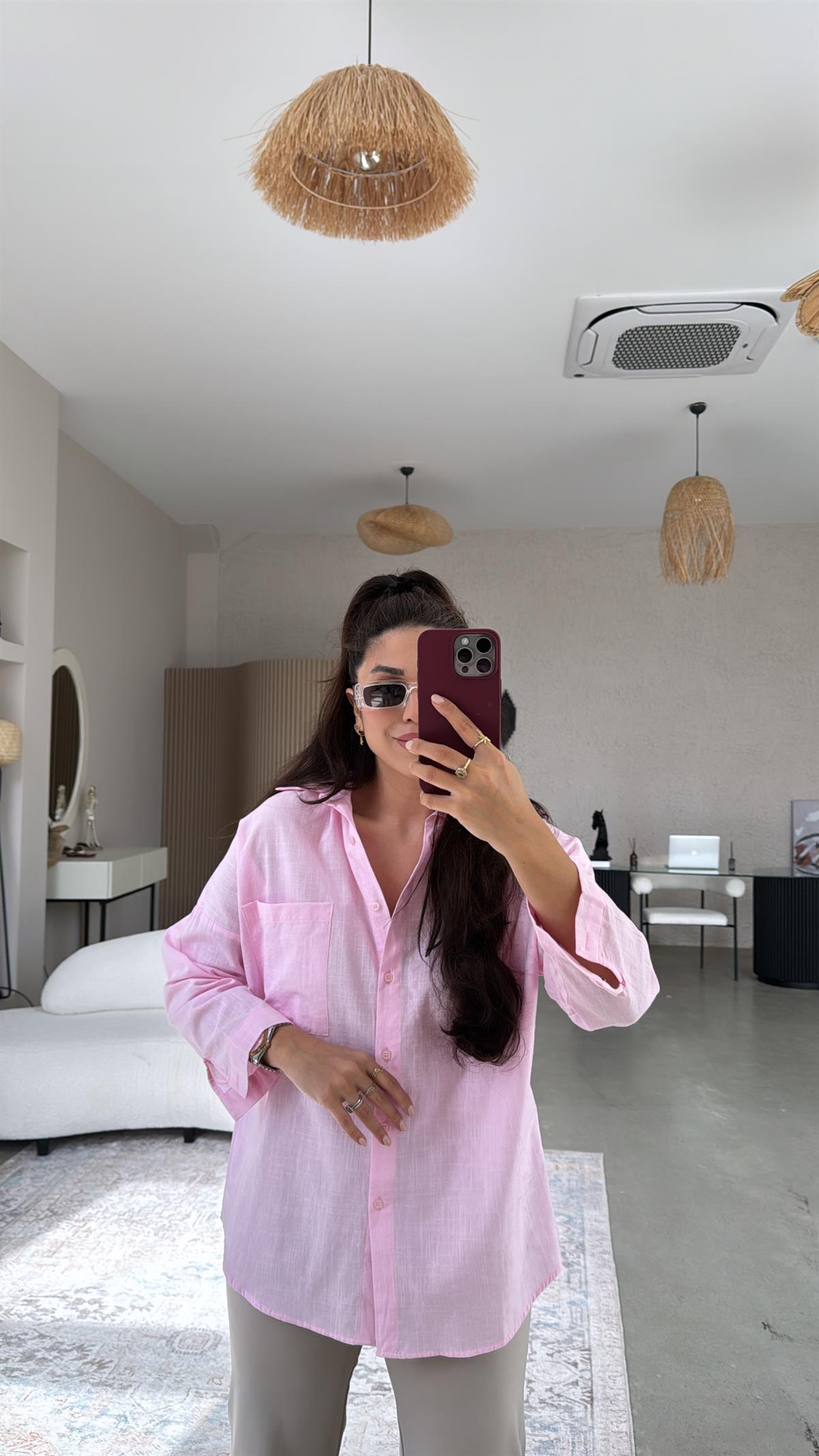 Pembe Tek Cepli Keten Gömlek