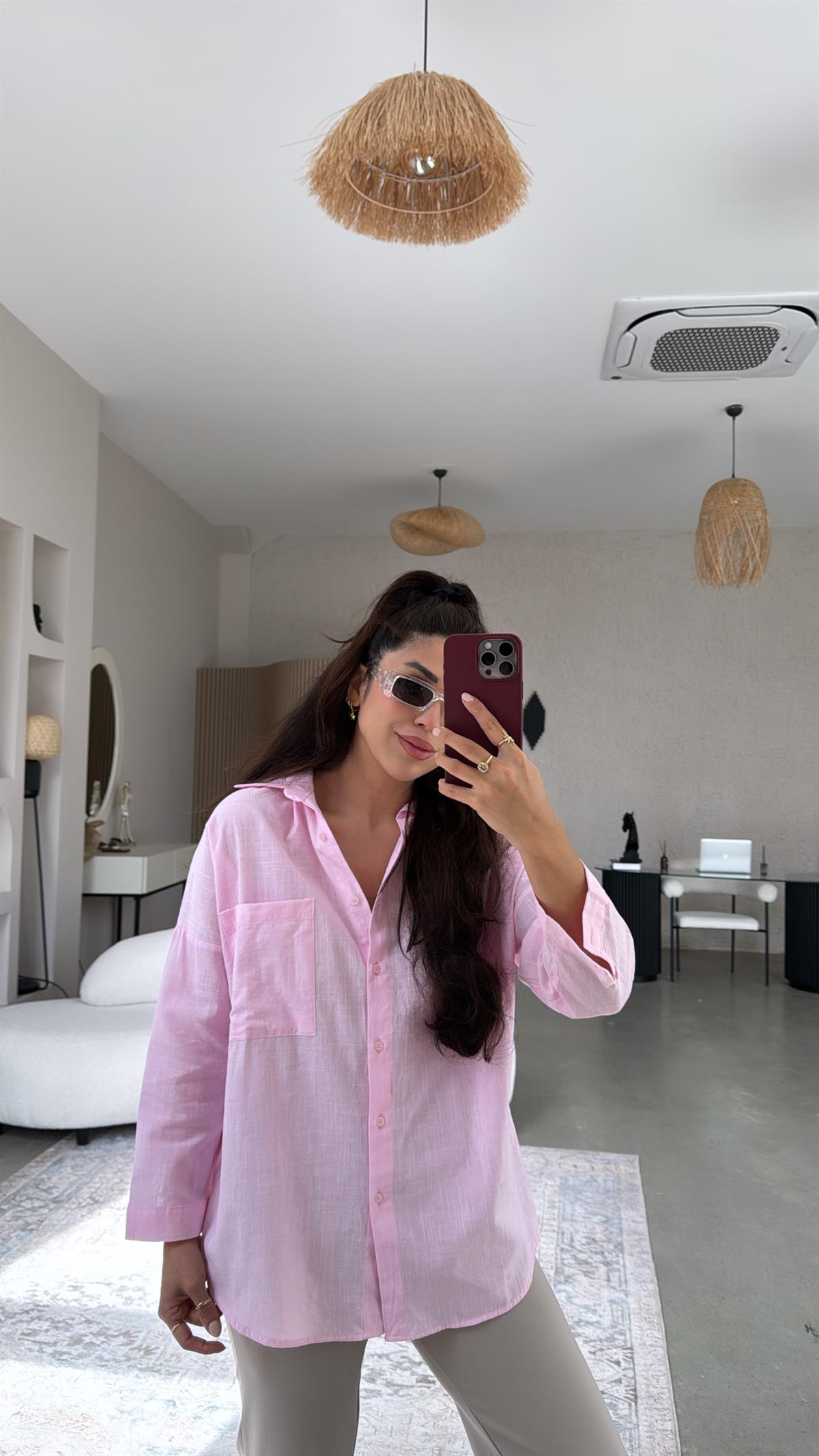 Pembe Tek Cepli Keten Gömlek