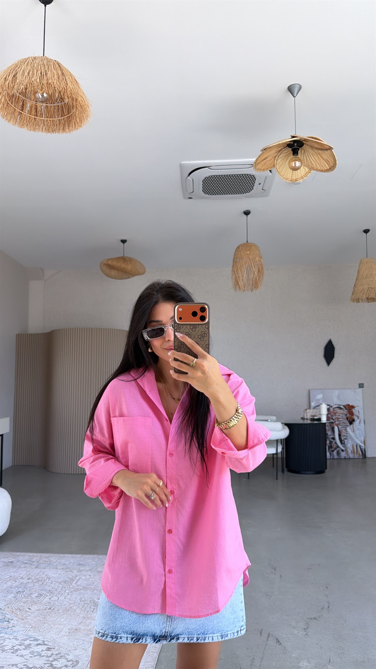 Pembe Tek Cepli Keten Gömlek