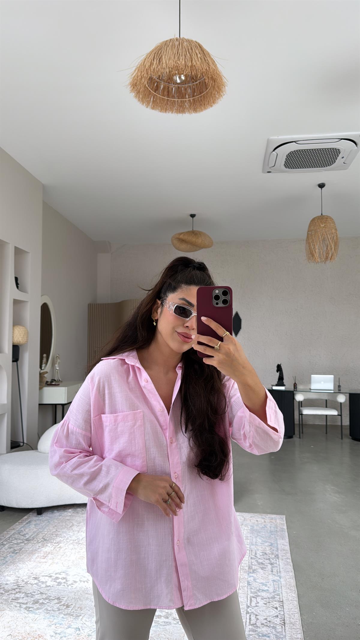 Pembe Tek Cepli Keten Gömlek