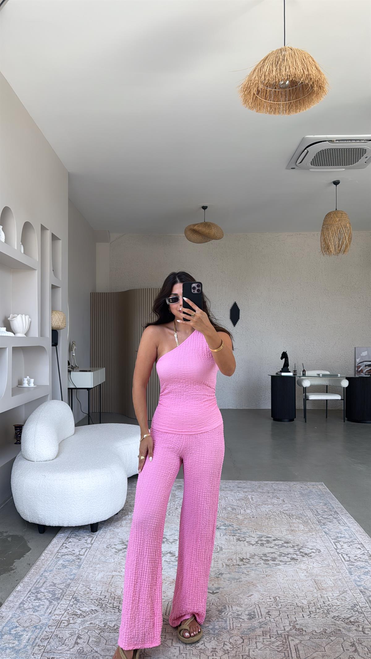 Pembe Tek Omuz Gofre Takım