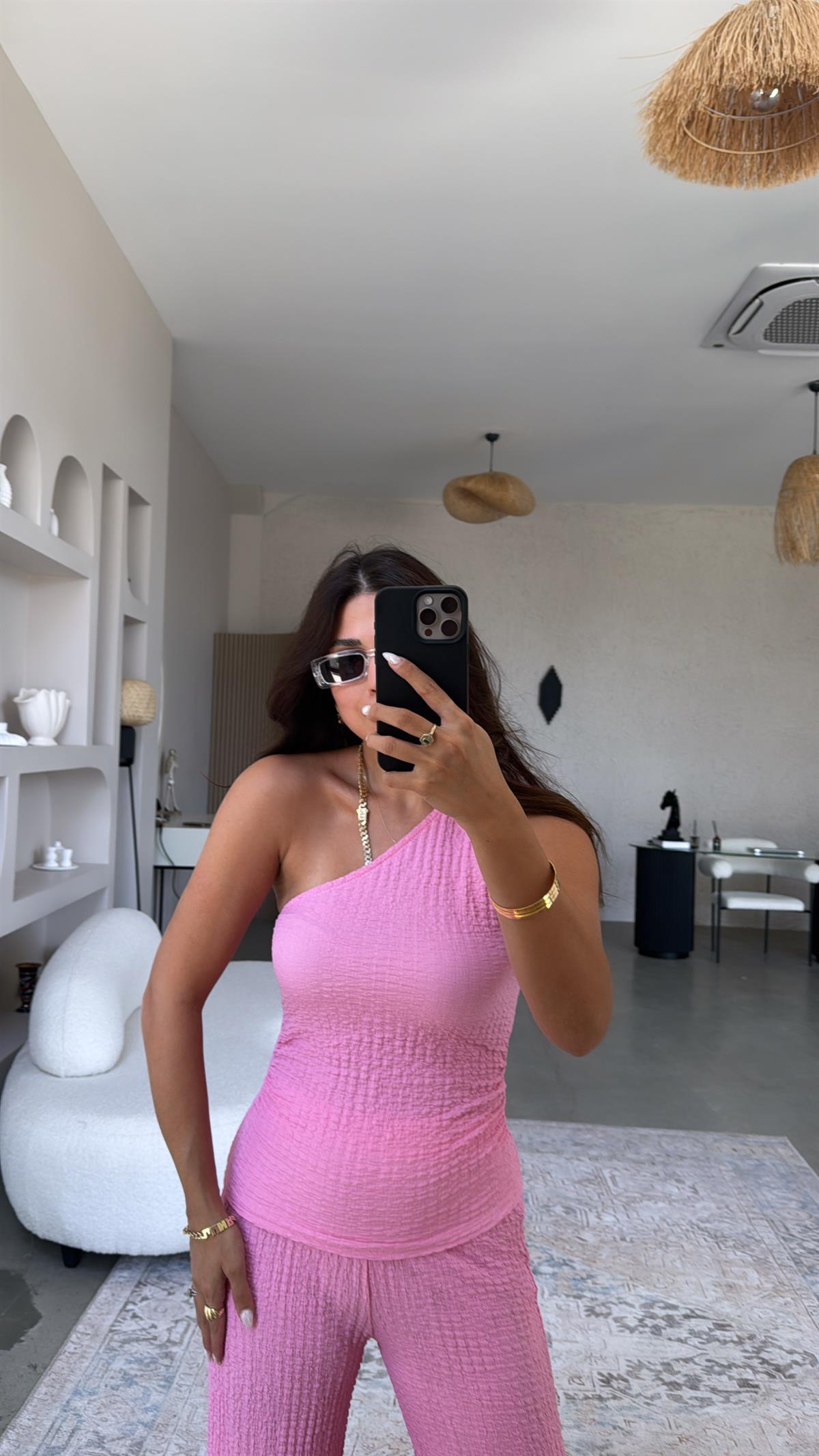 Pembe Tek Omuz Gofre Takım