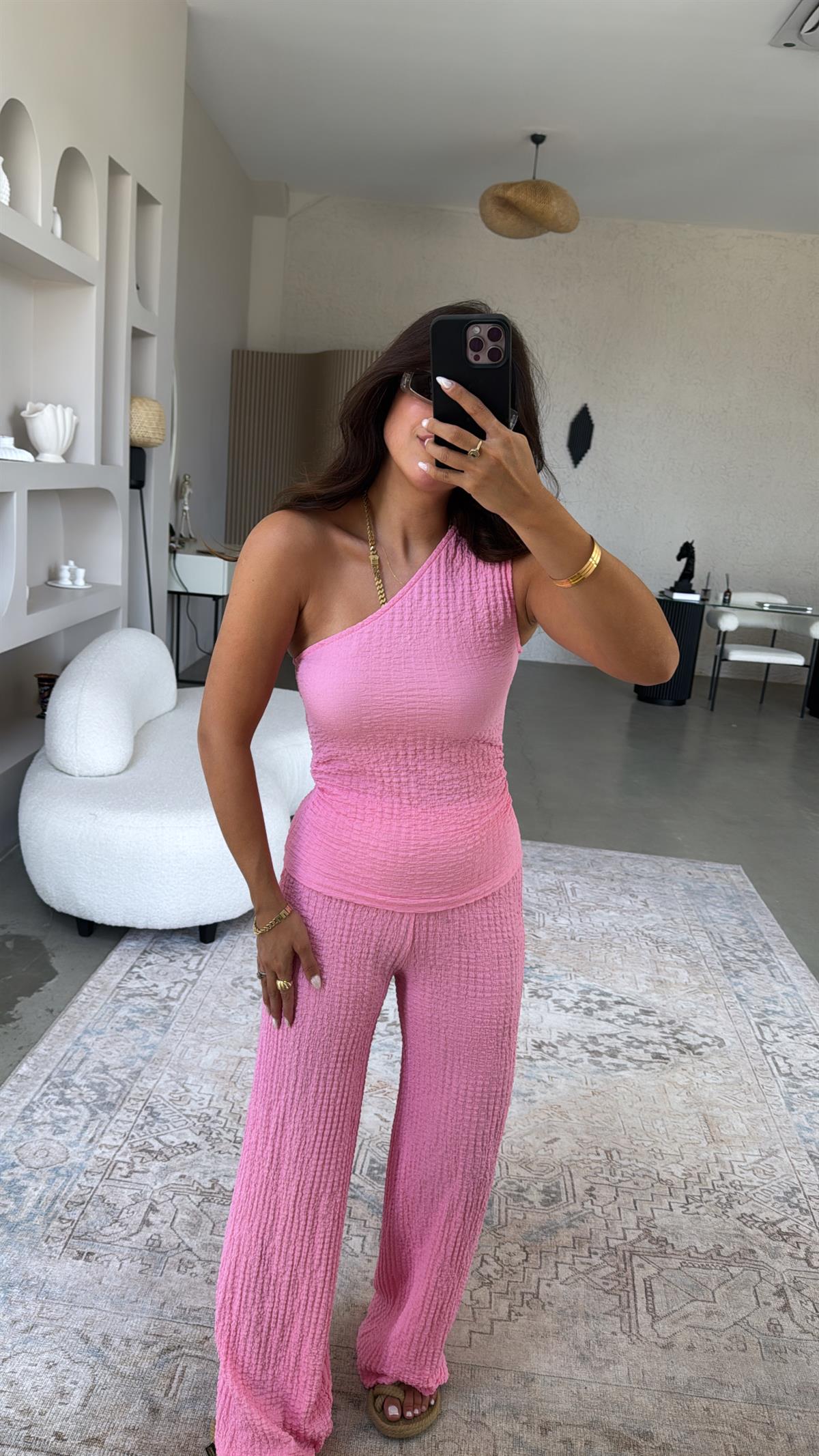 Pembe Tek Omuz Gofre Takım